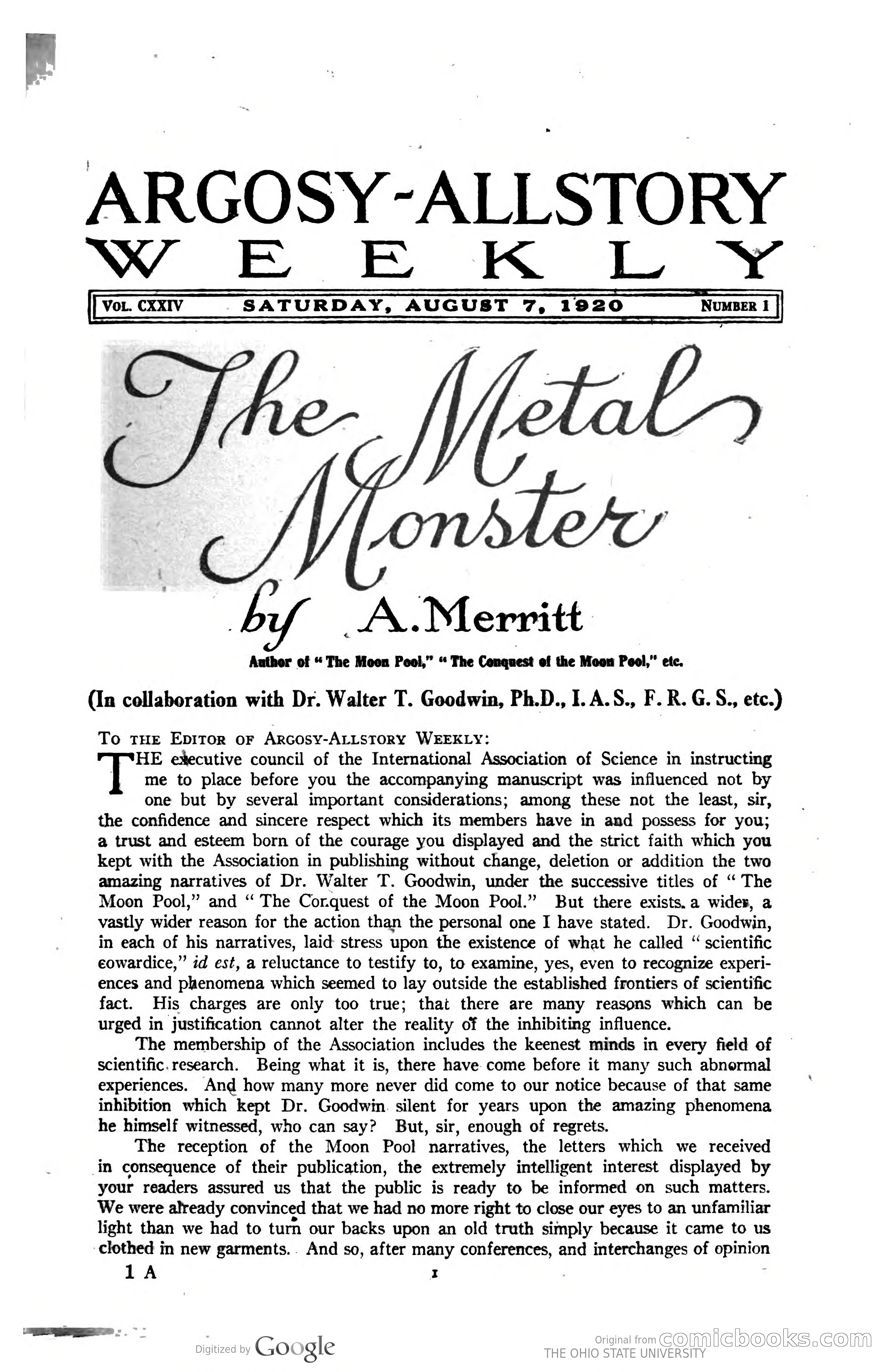 Argosy All-Story Weekly — 'The Metal Monster' — page 7 of 206