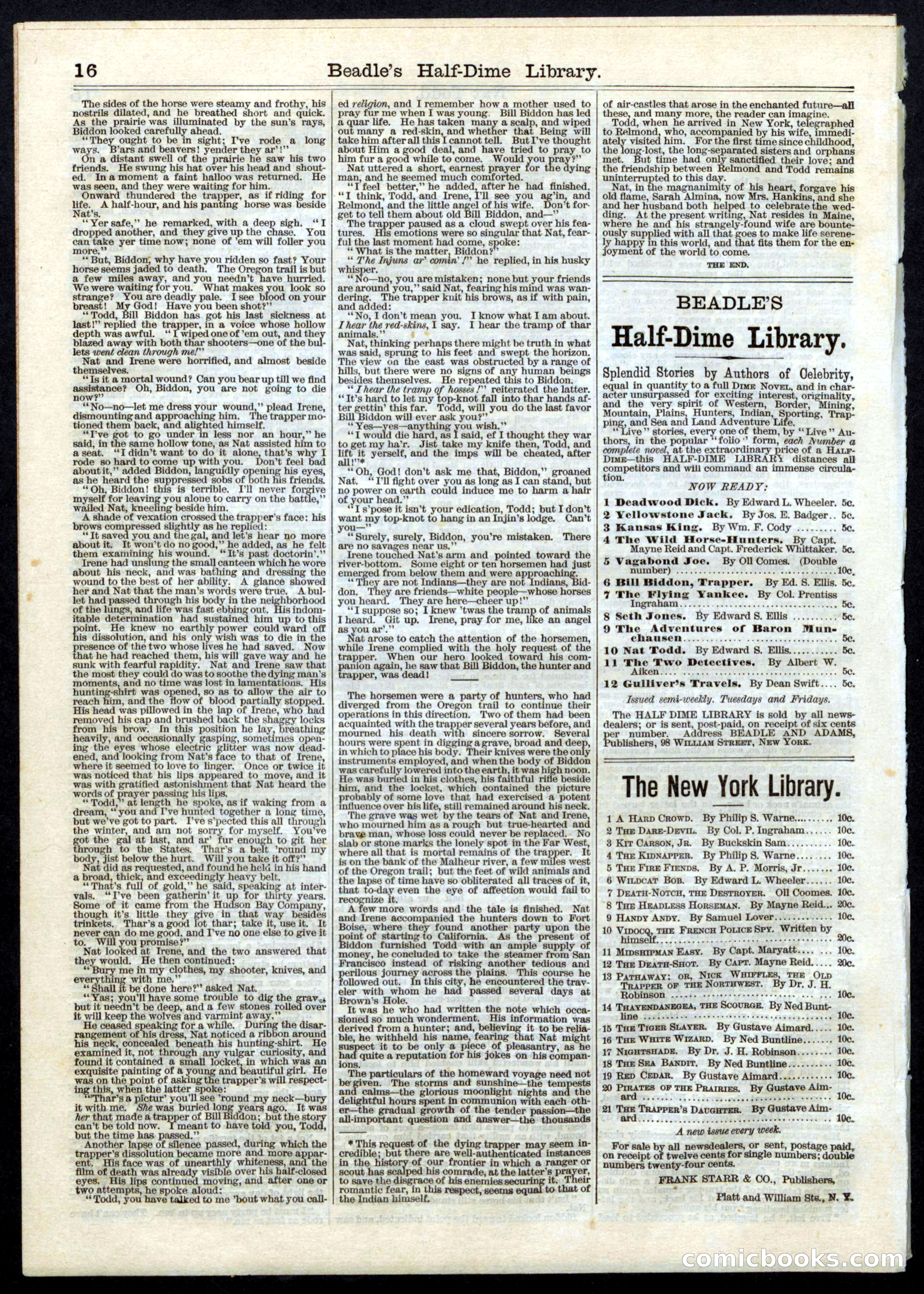 Beadle's Half Dime Library, No. 10 — page 16 of 16