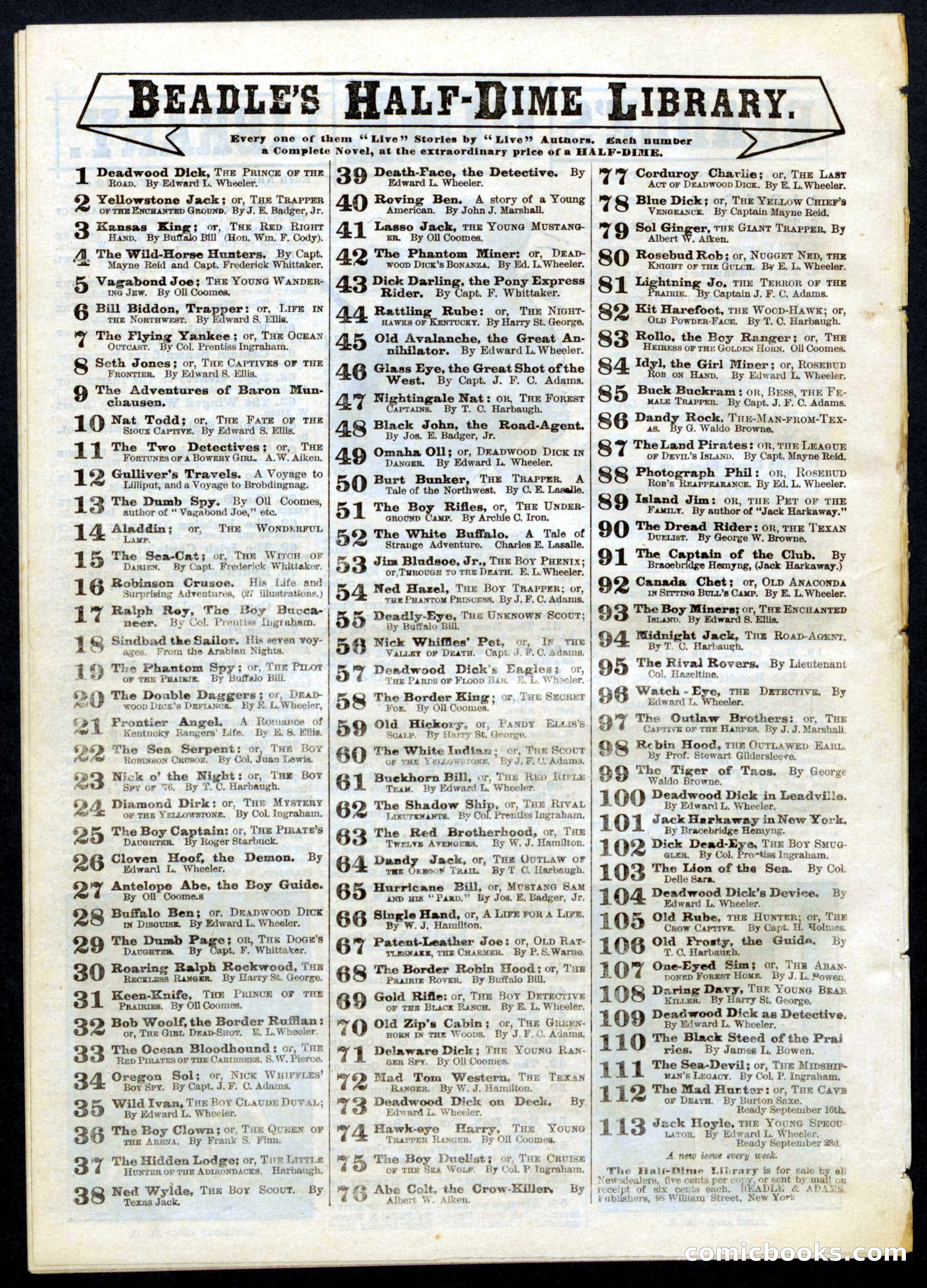 Beadle's Half Dime Library, No. 103 — page 20 of 20
