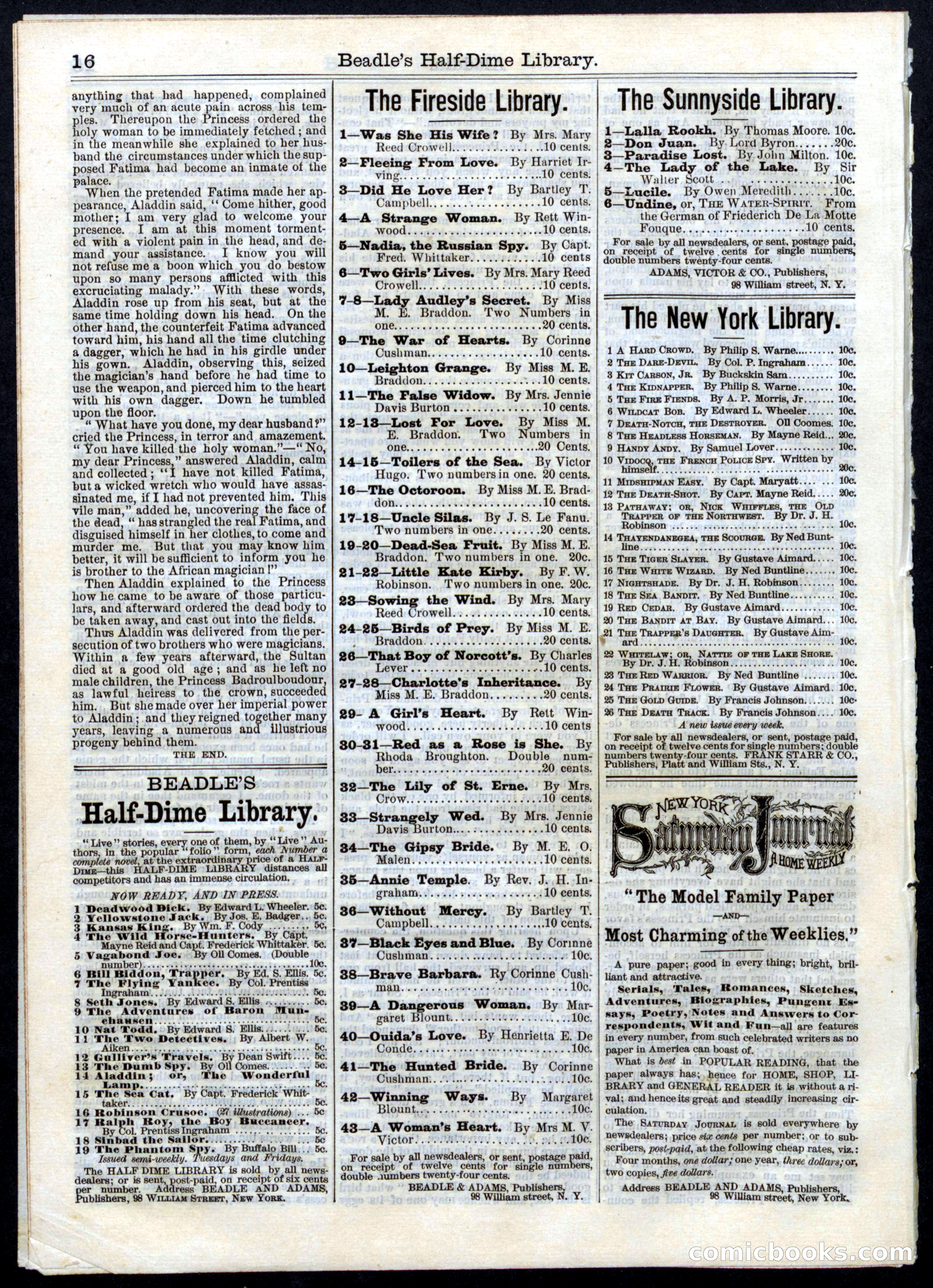 Beadle's Half Dime Library, No. 14 — page 16 of 16