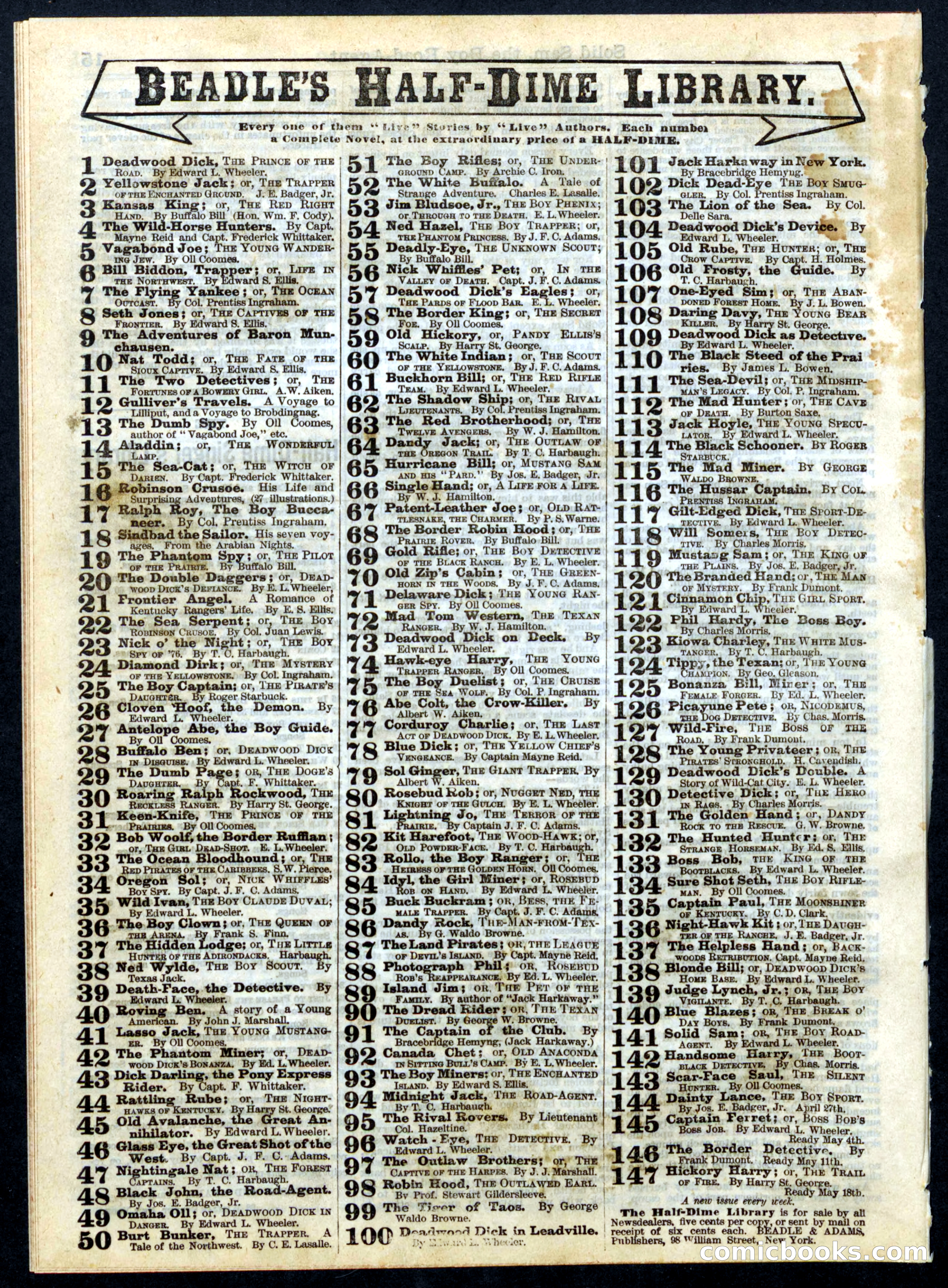 Beadle's Half Dime Library, No. 141 — page 16 of 16