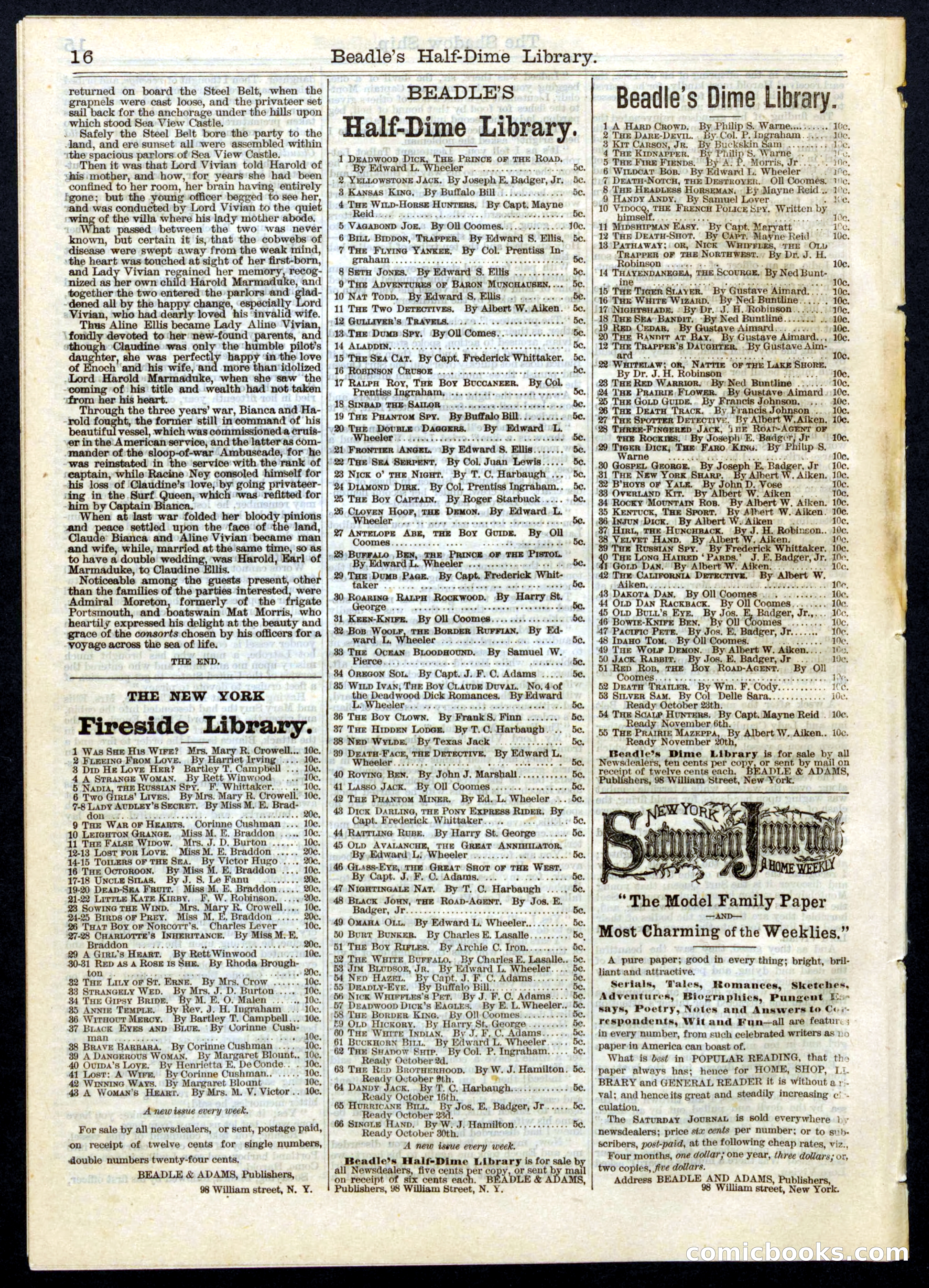 Beadle's Half Dime Library, No. 62 — page 16 of 16