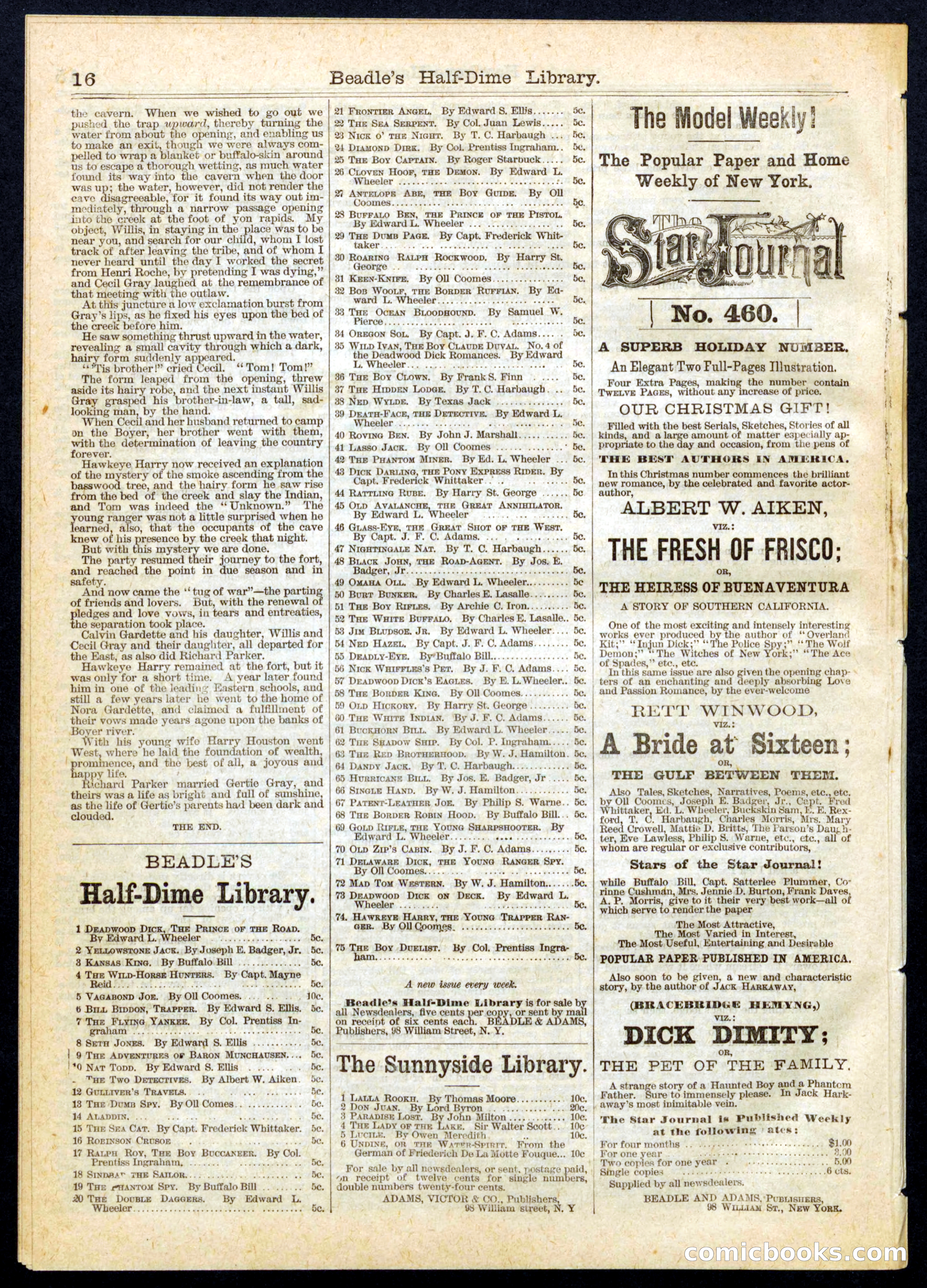 Beadle's Half Dime Library No. 74 — page 16 of 16