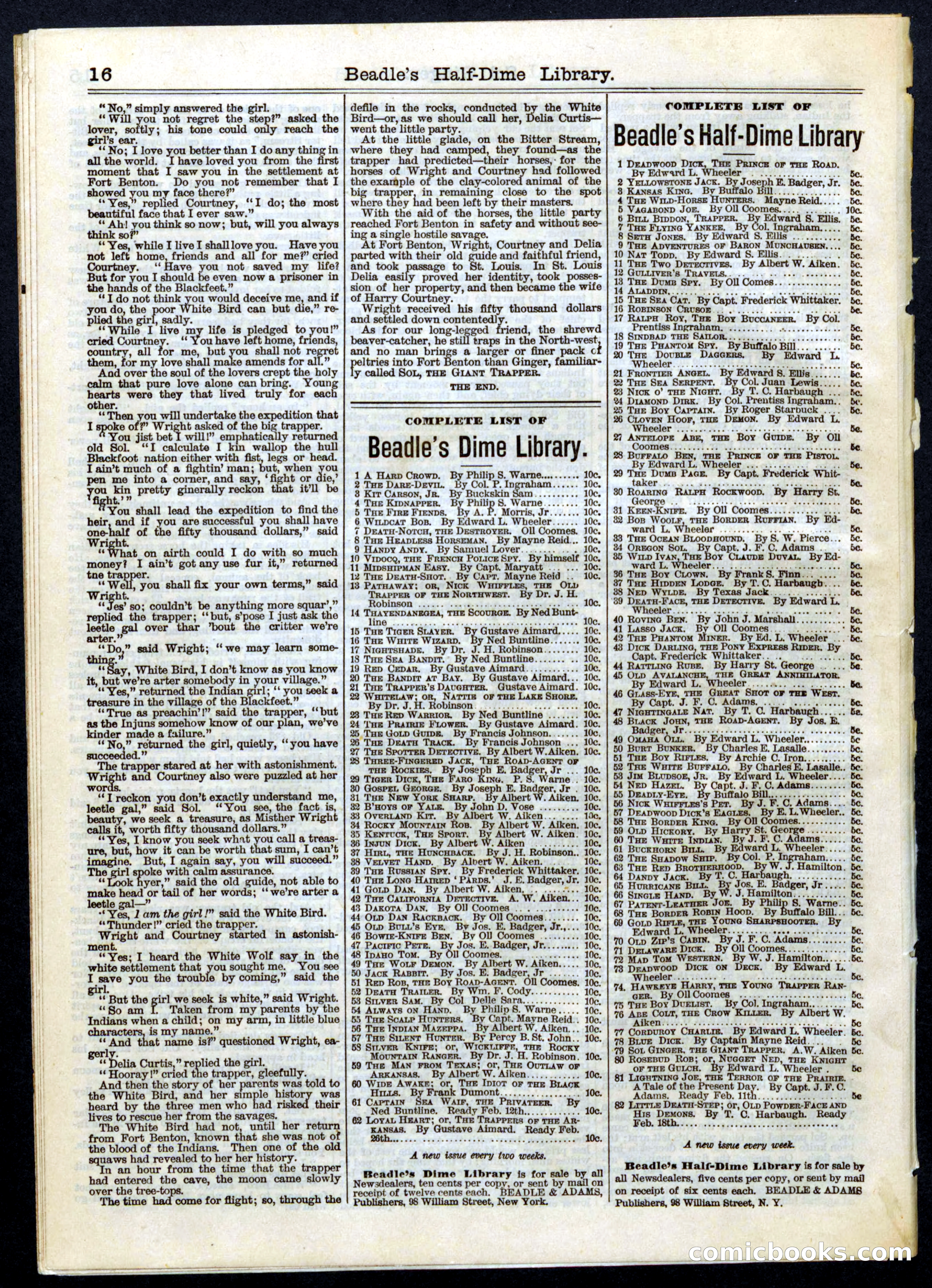 Beadle's Half Dime Library, No. 79 — page 16 of 16