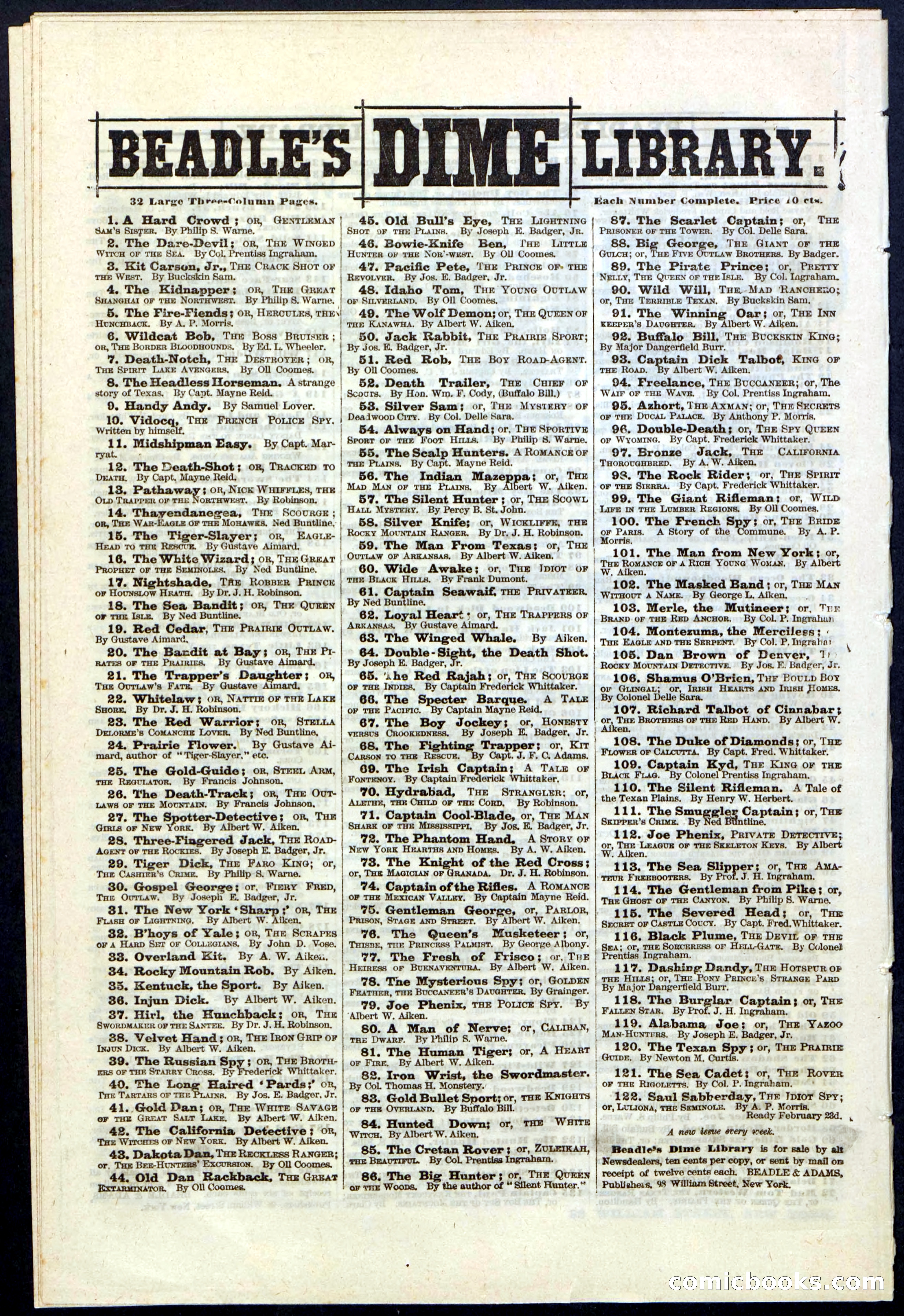 Beadle's New York Dime Library, No. 121 — page 32 of 32