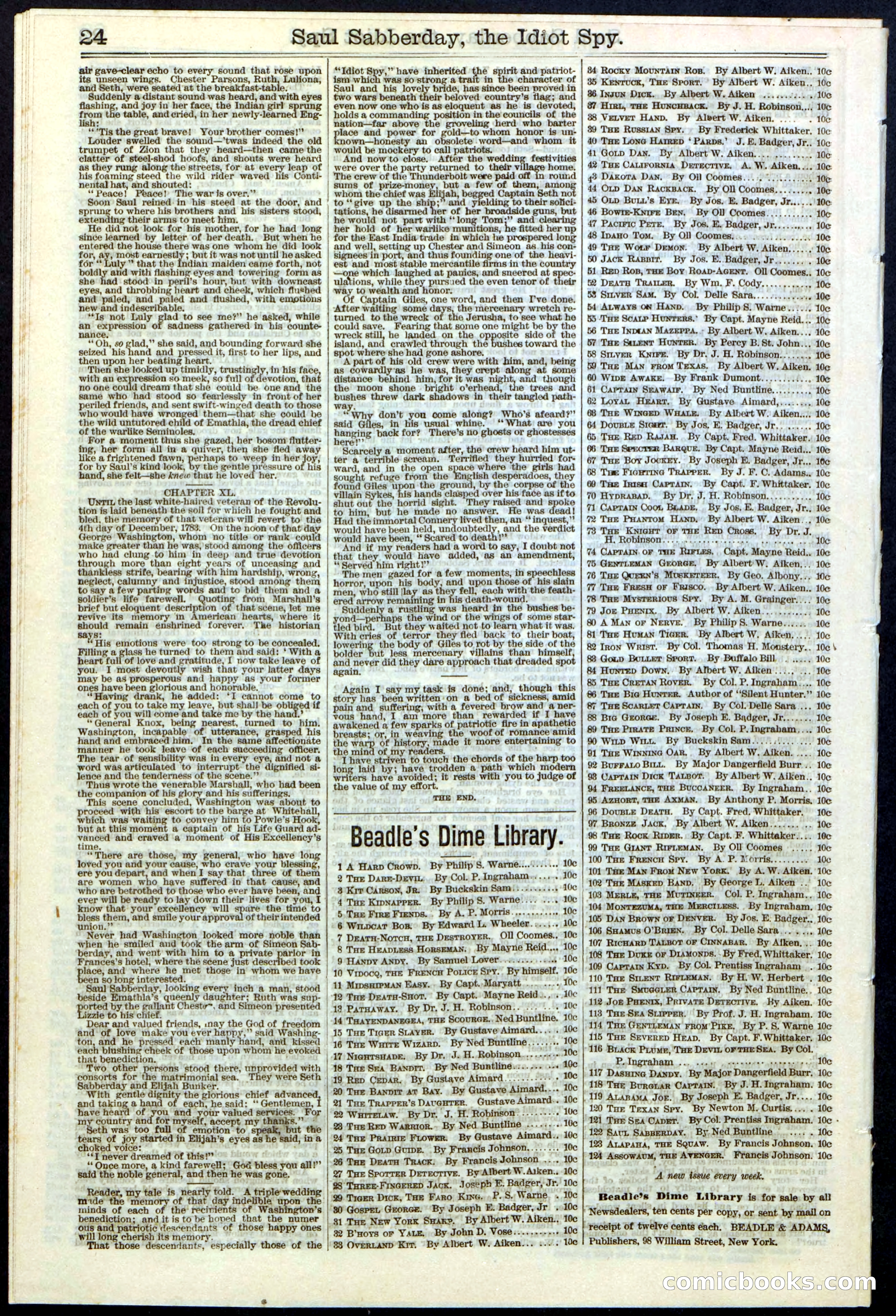 Beadle's New York Dime Library No. 122 — page 24 of 24