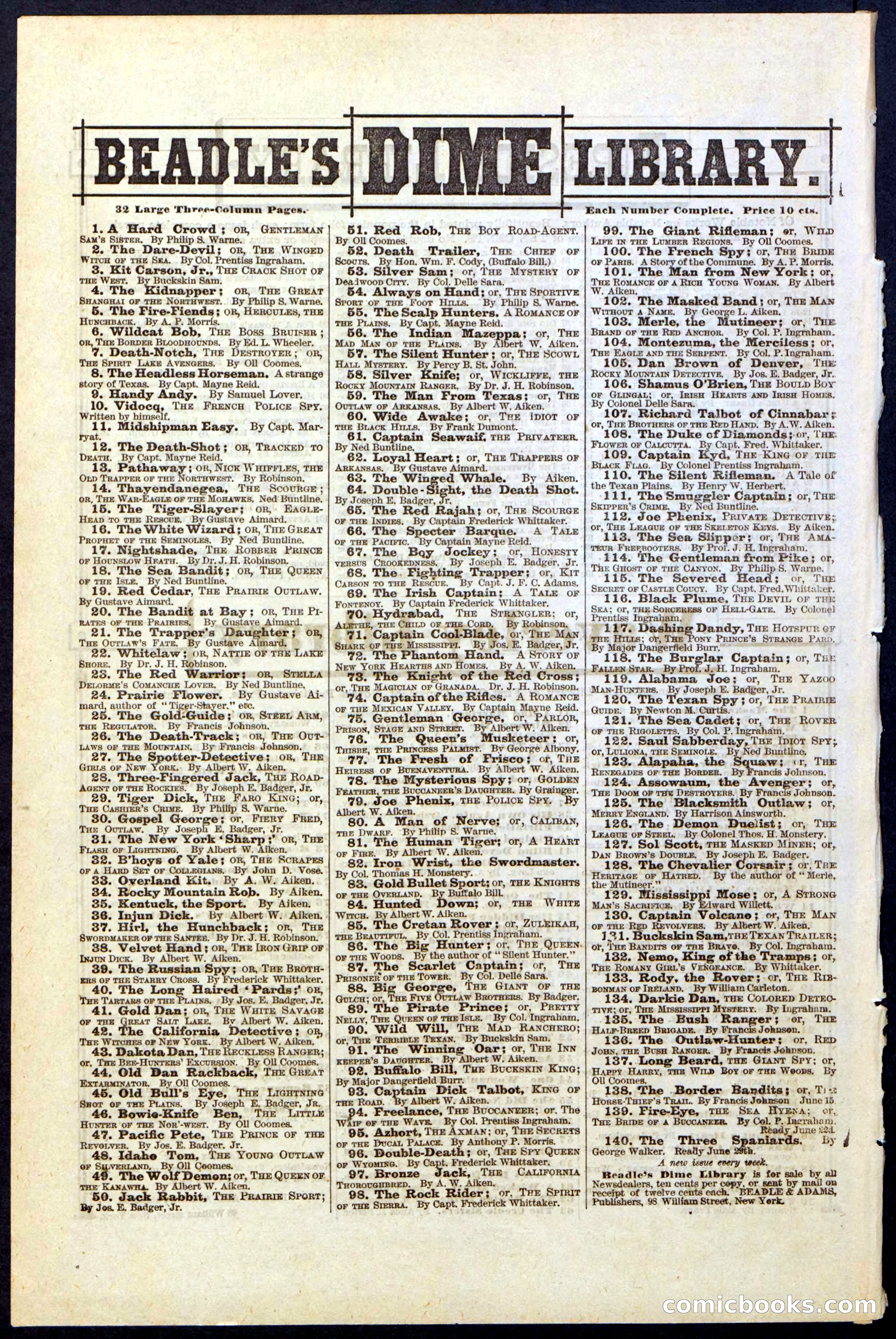 Beadle's New York Dime Library, No. 137 — page 32 of 32