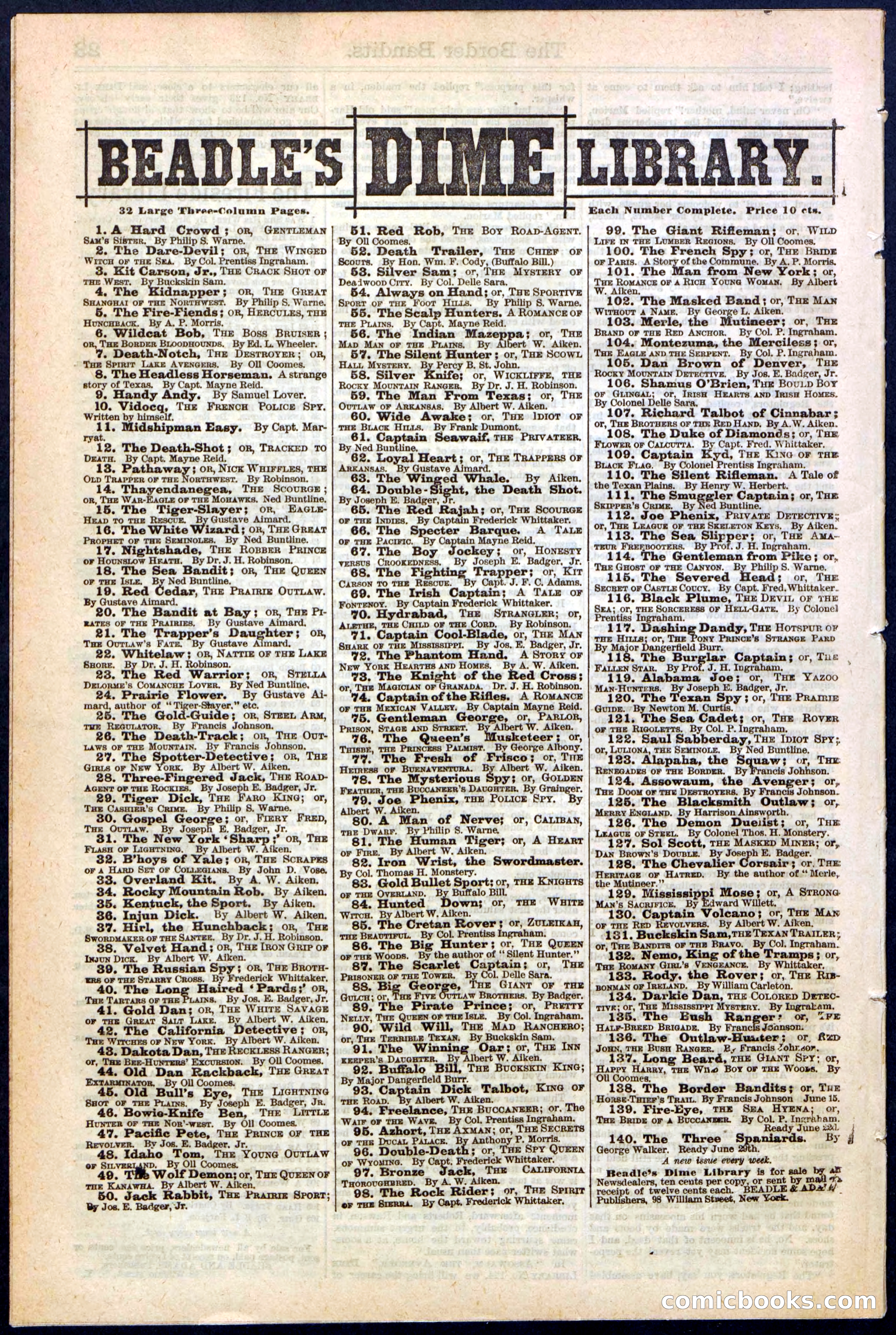 Beadle's New York Dime Library, No. 138 — page 24 of 24
