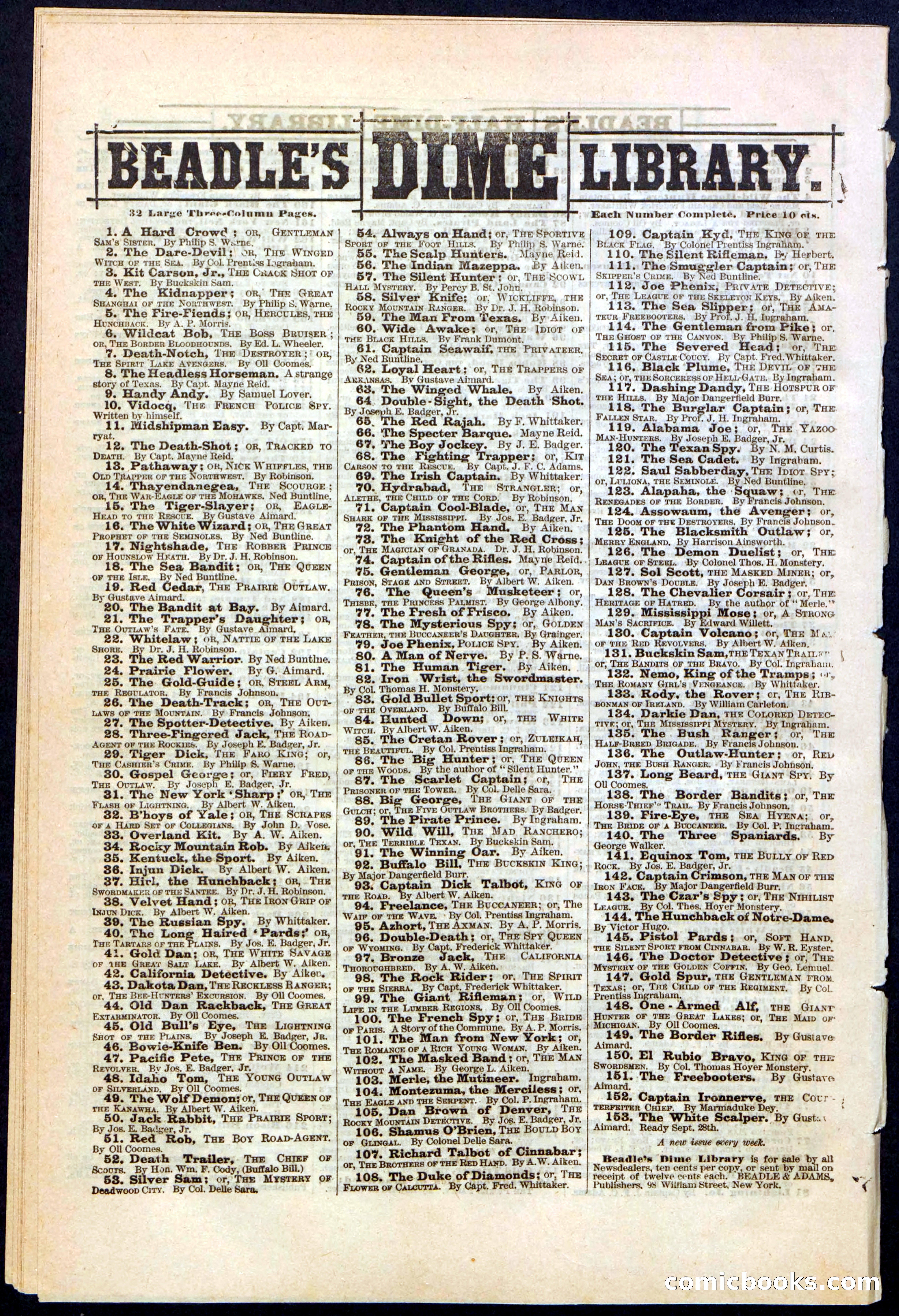 Beadle's Dime Library No. 152 — page 32 of 32