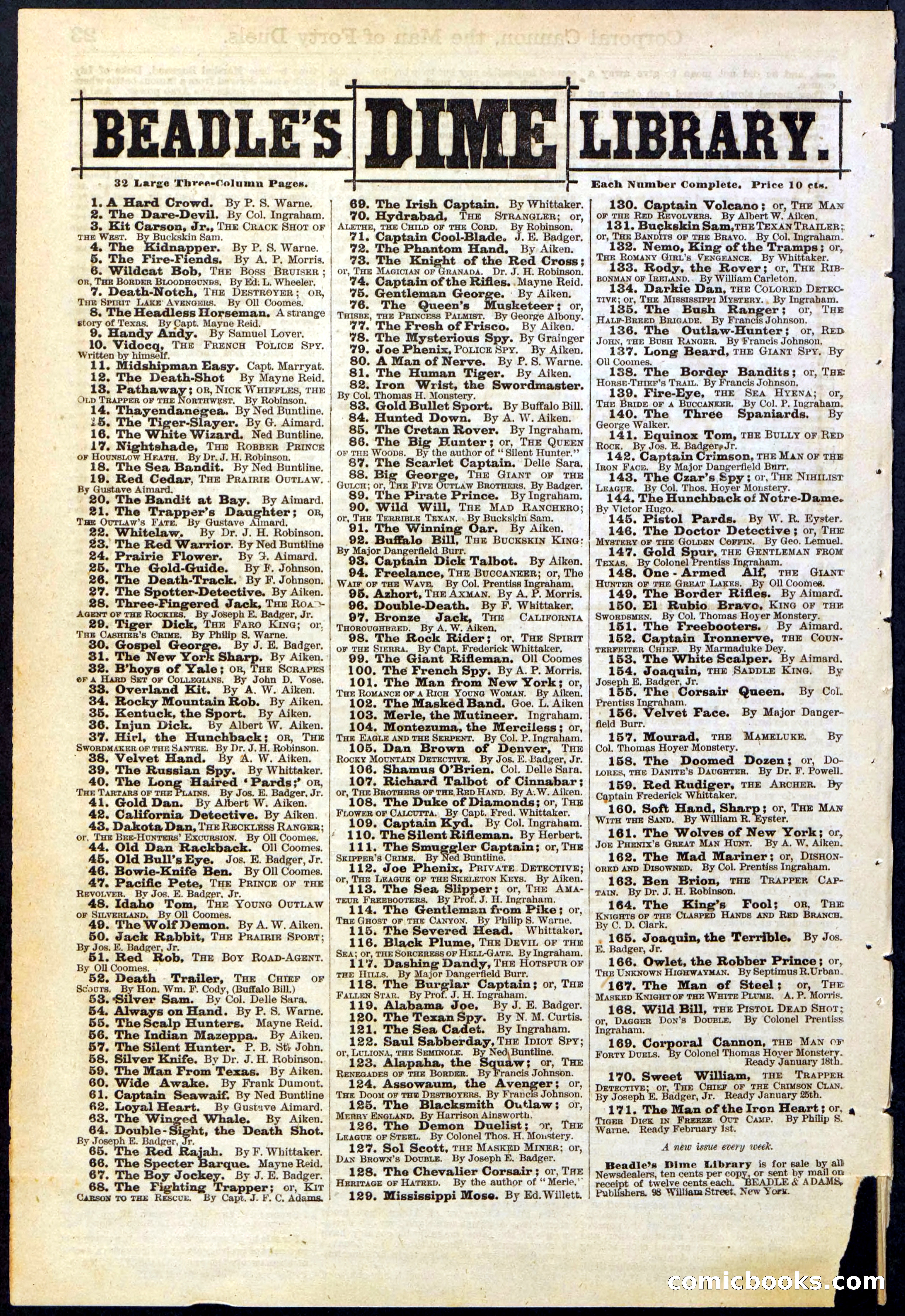 Beadle's New York Dime Library, No. 169 — page 24 of 24