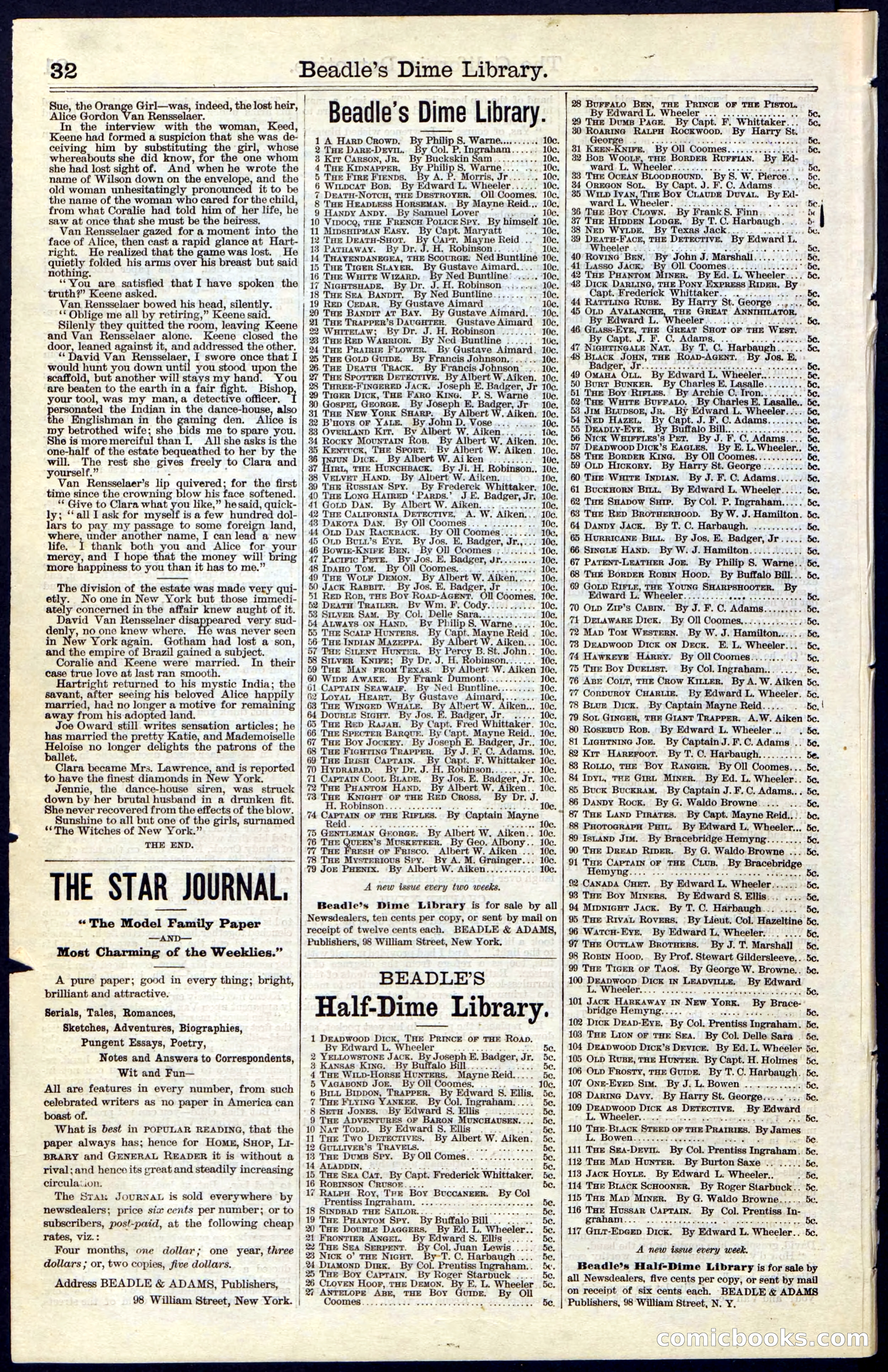 Beadle's Dime Library No. 42 — page 32 of 32