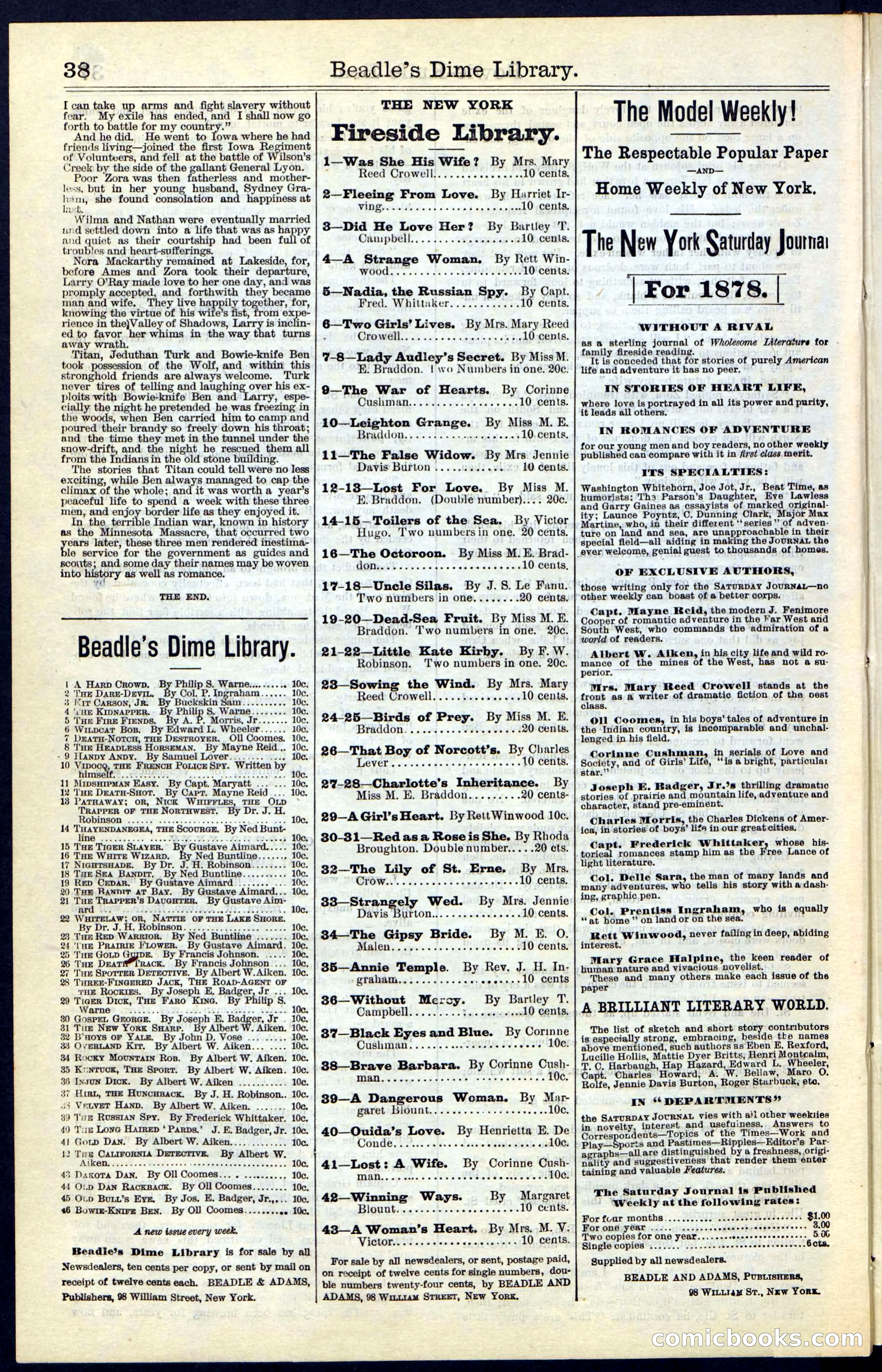 Beadle's New York Dime Library, Vol. IV, No. 46 — page 38 of 40