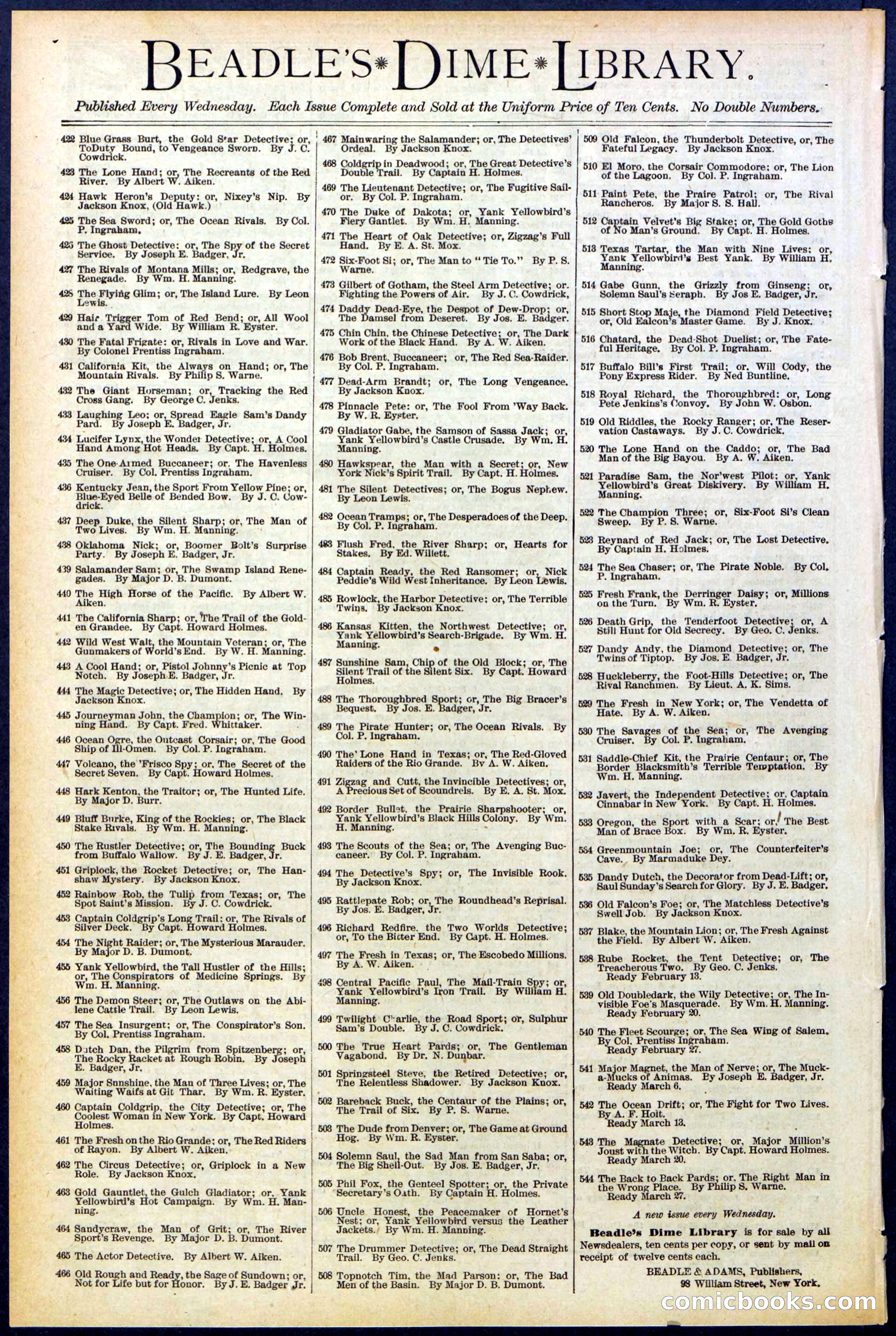 Beadle's Dime Library No. 537 — page 32 of 32