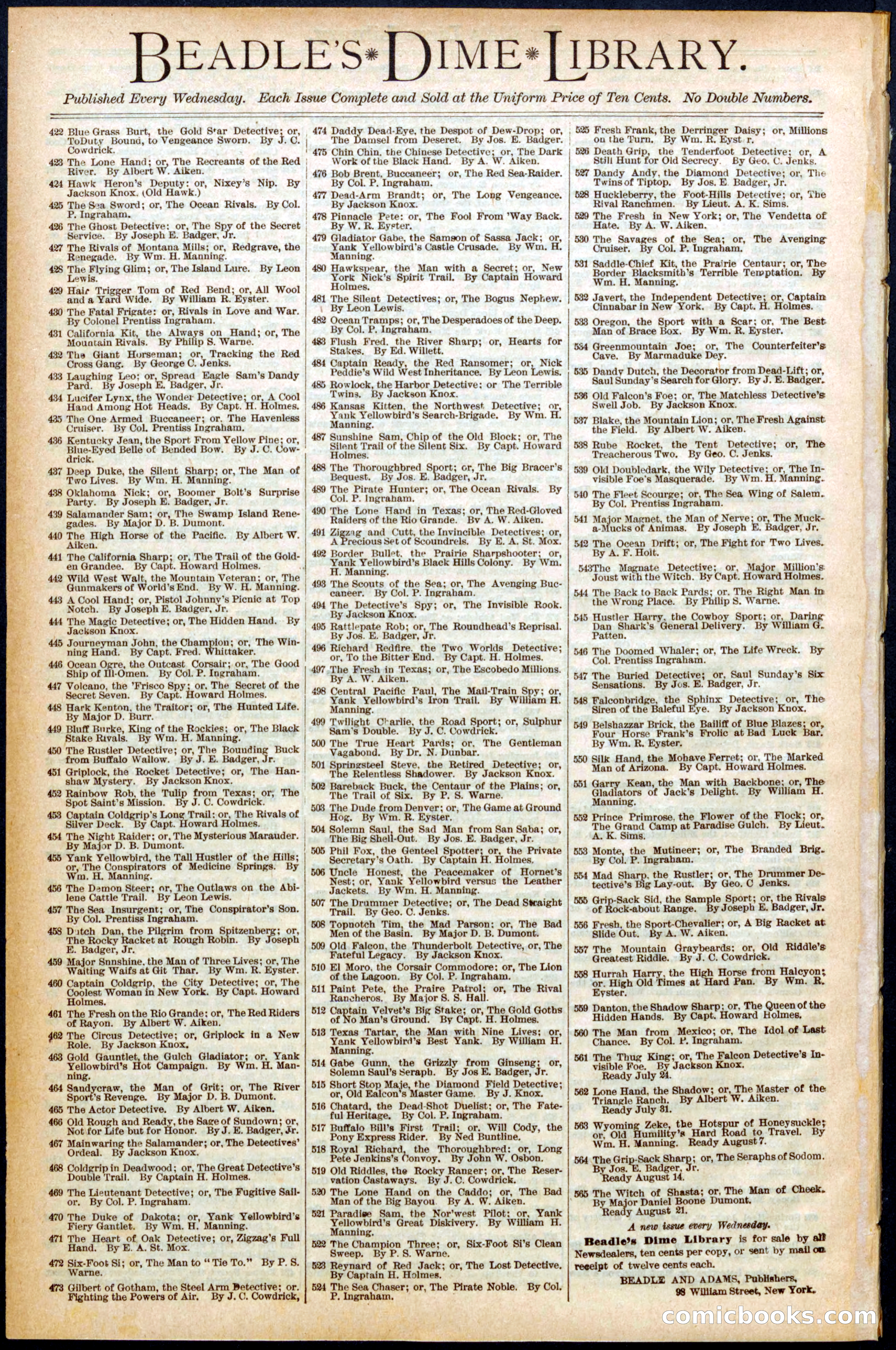 Beadle's New York Dime Library No. 559 — page 32 of 32