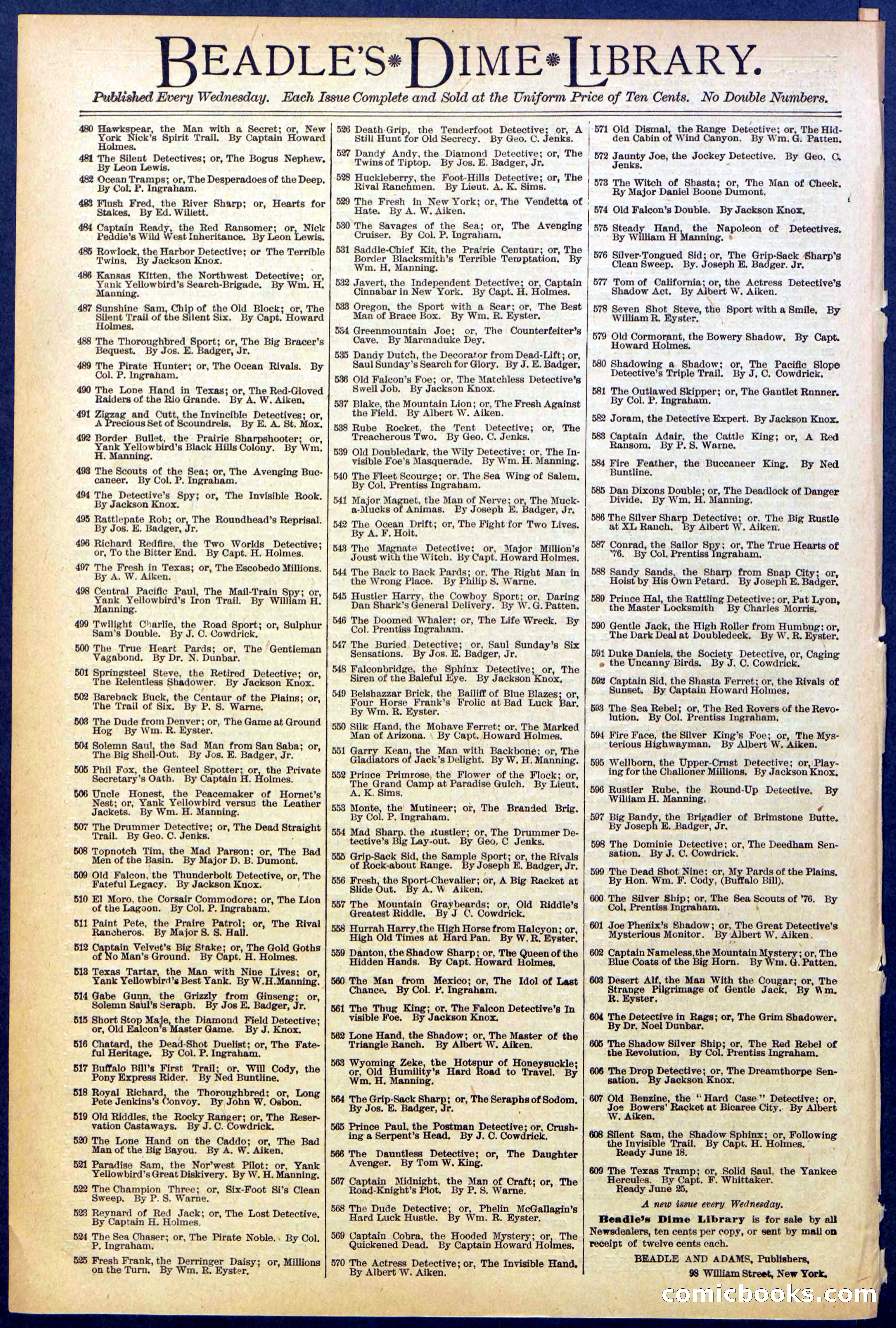Beadle's New York Dime Library, No. 605 — page 32 of 32
