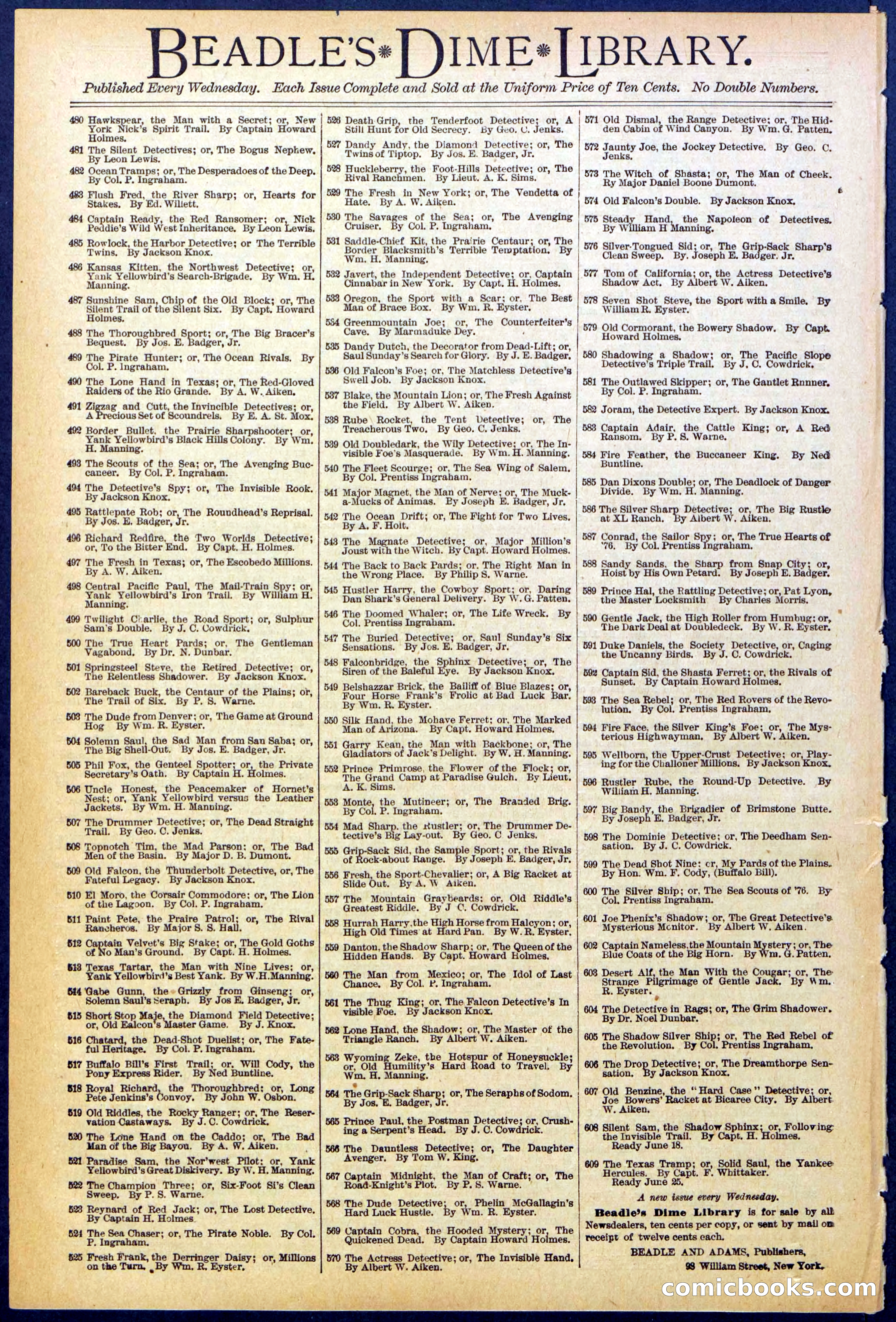 Beadle's New York Dime Library, No. 607 — page 32 of 32
