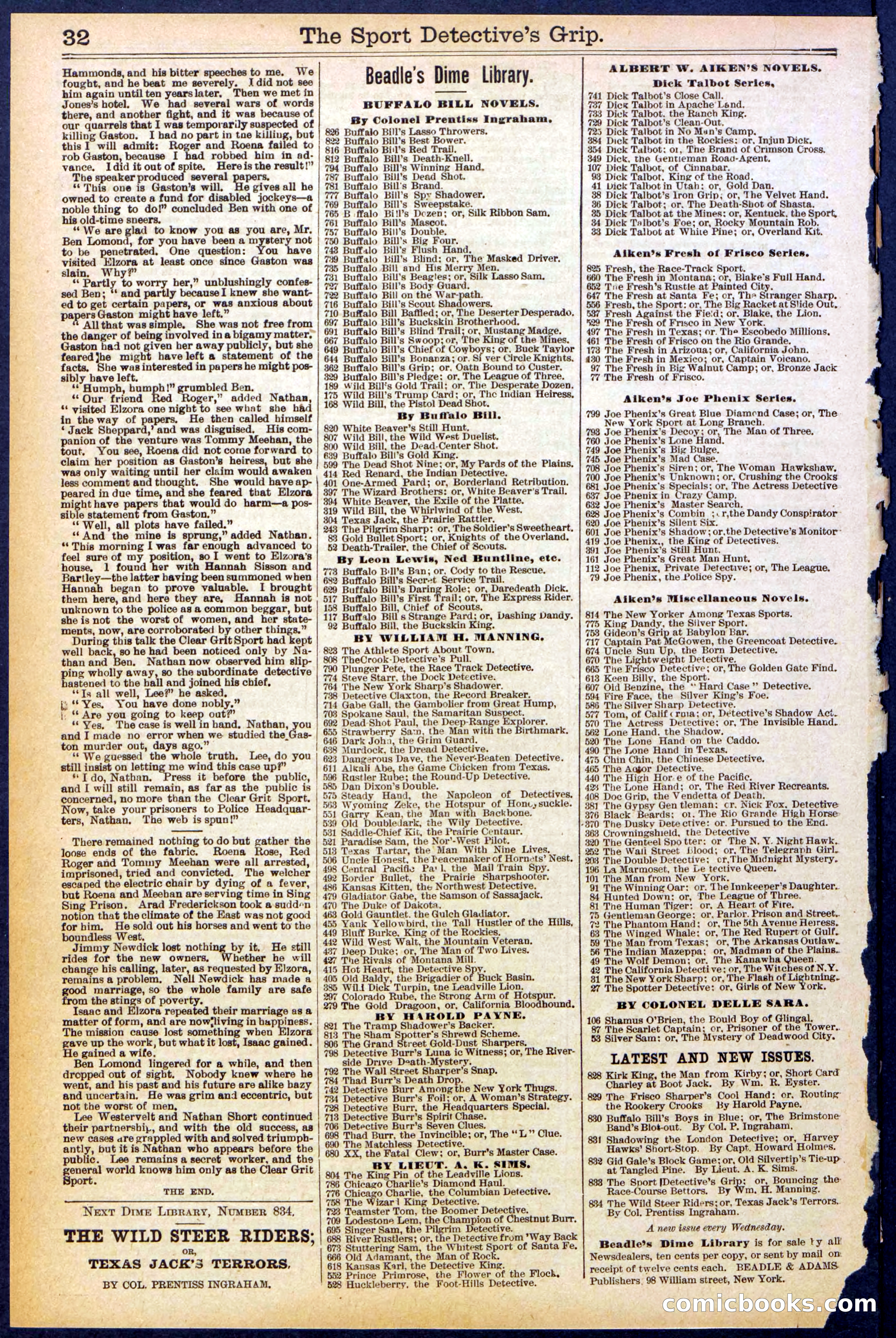 Beadle's New York Dime Library No. 833 — page 32 of 32