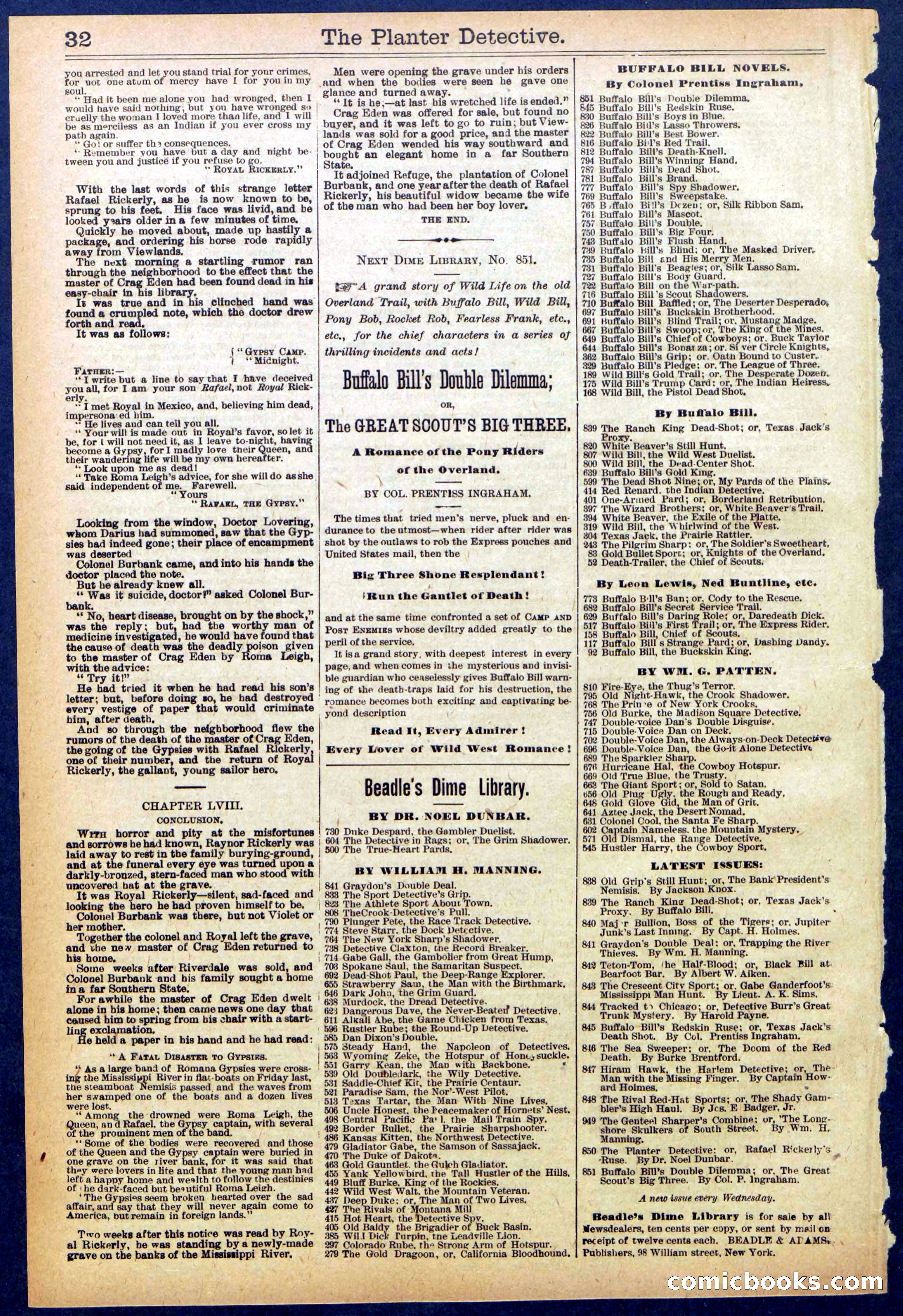 Beadle's Dime Library No. 850 — page 32 of 32