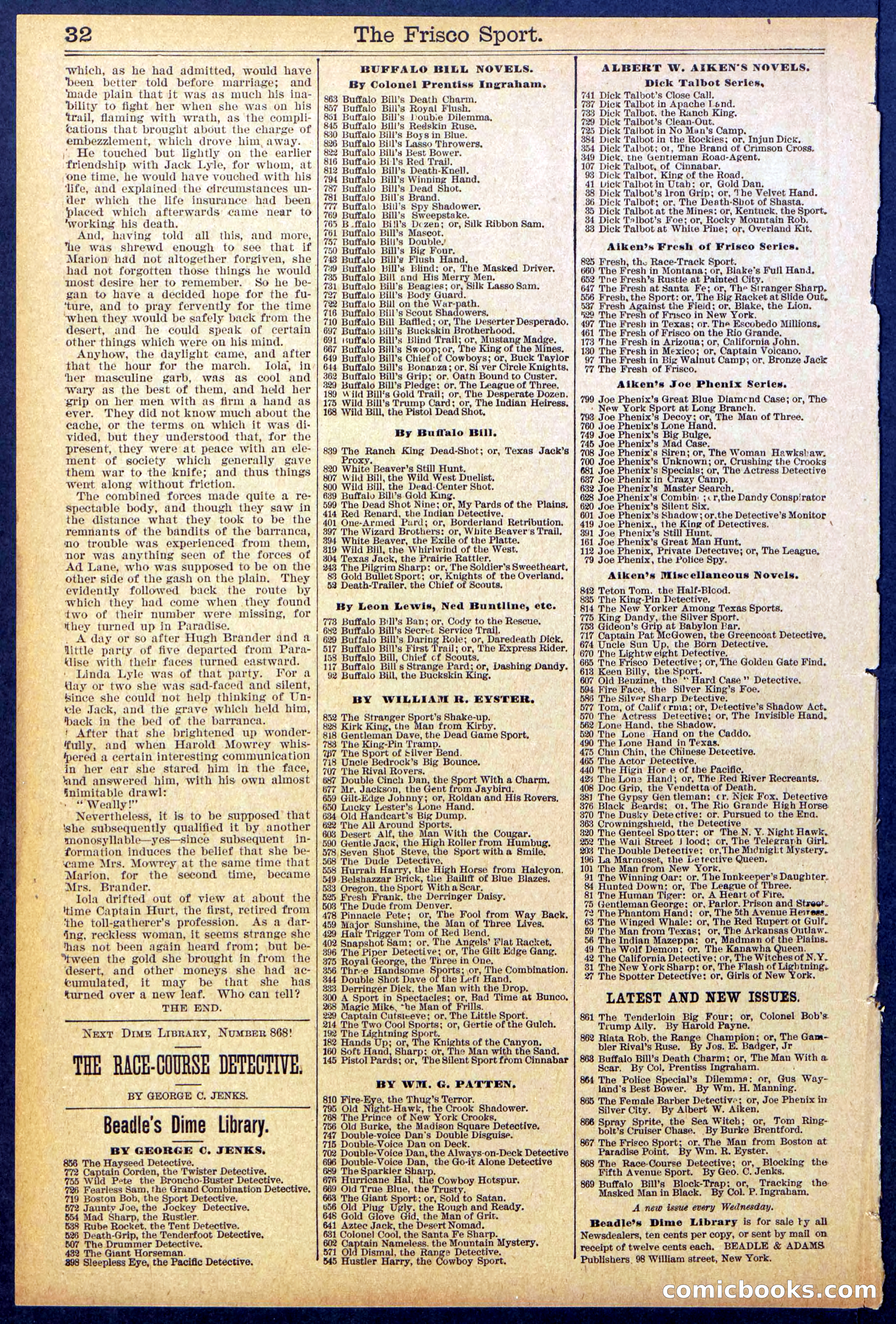 Beadle's New York Dime Library, No. 867 — page 32 of 32