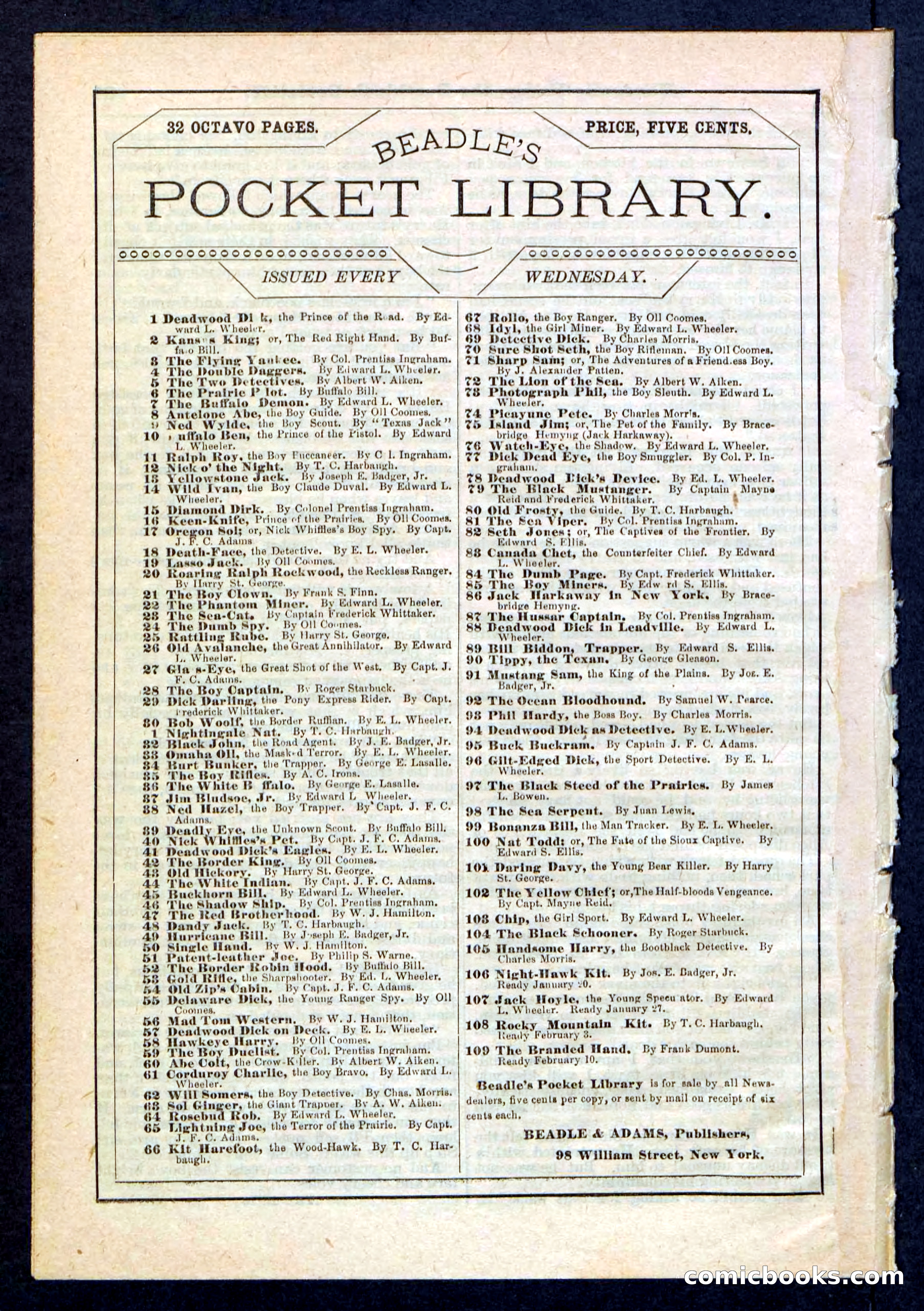 Beadle's Pocket Library, Vol. IX, No. 105 — page 32 of 32