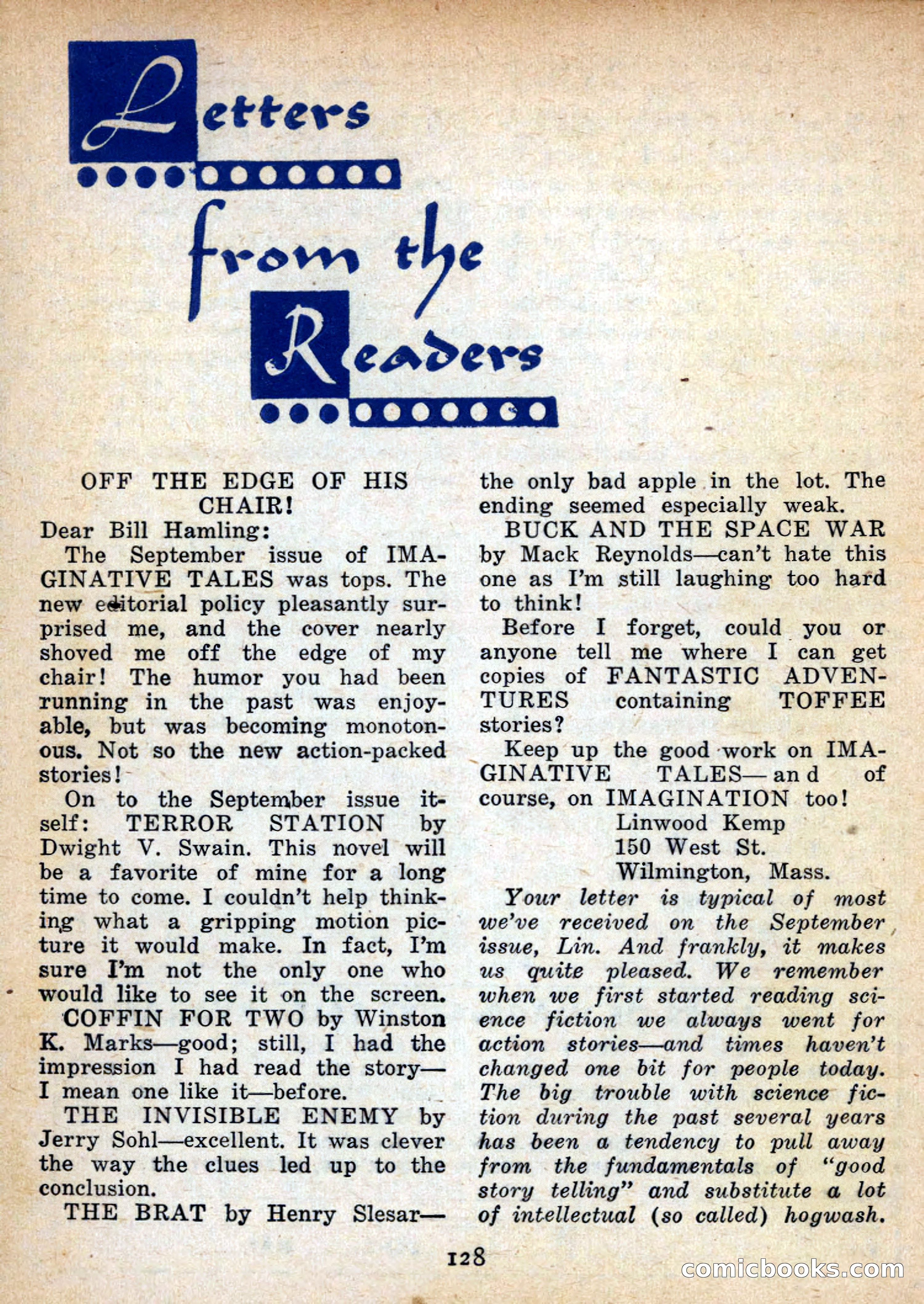 Imaginative Tales, November 1955 — page 128 of 132