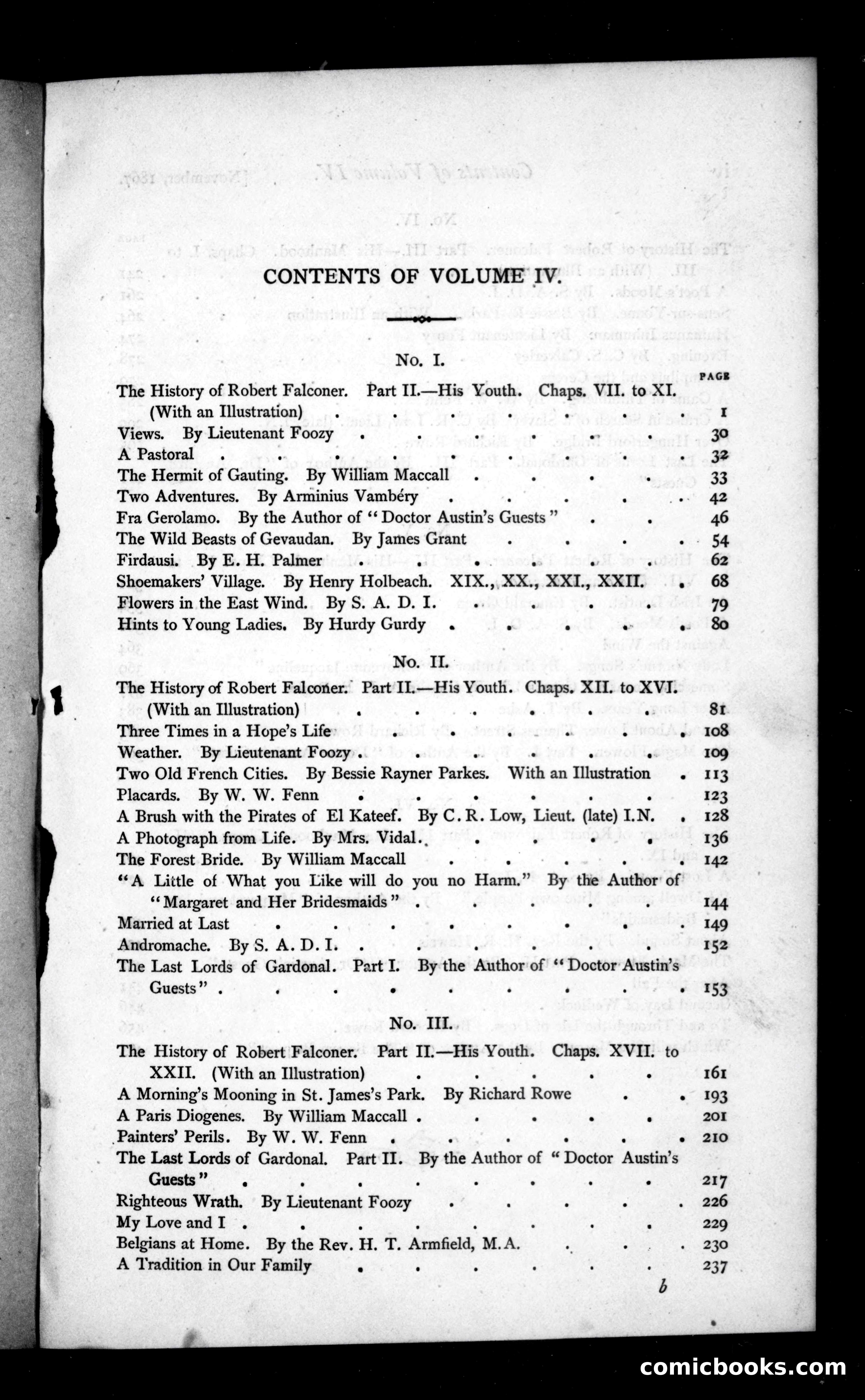 The Argosy, Volume IV — Table of Contents — page 1 of 3