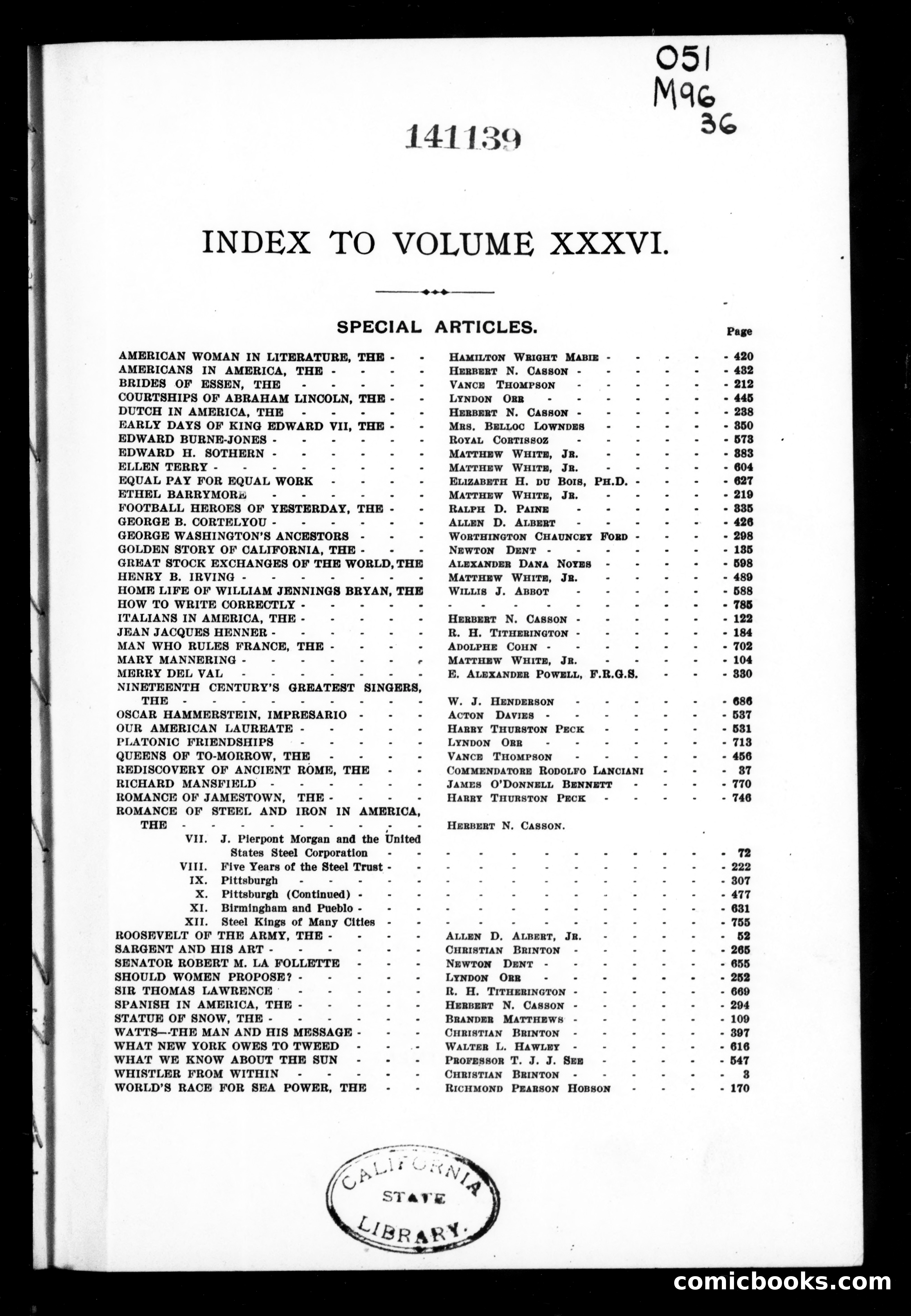 Munsey's Magazine, Volume XXXVI Index — page 1 of 3