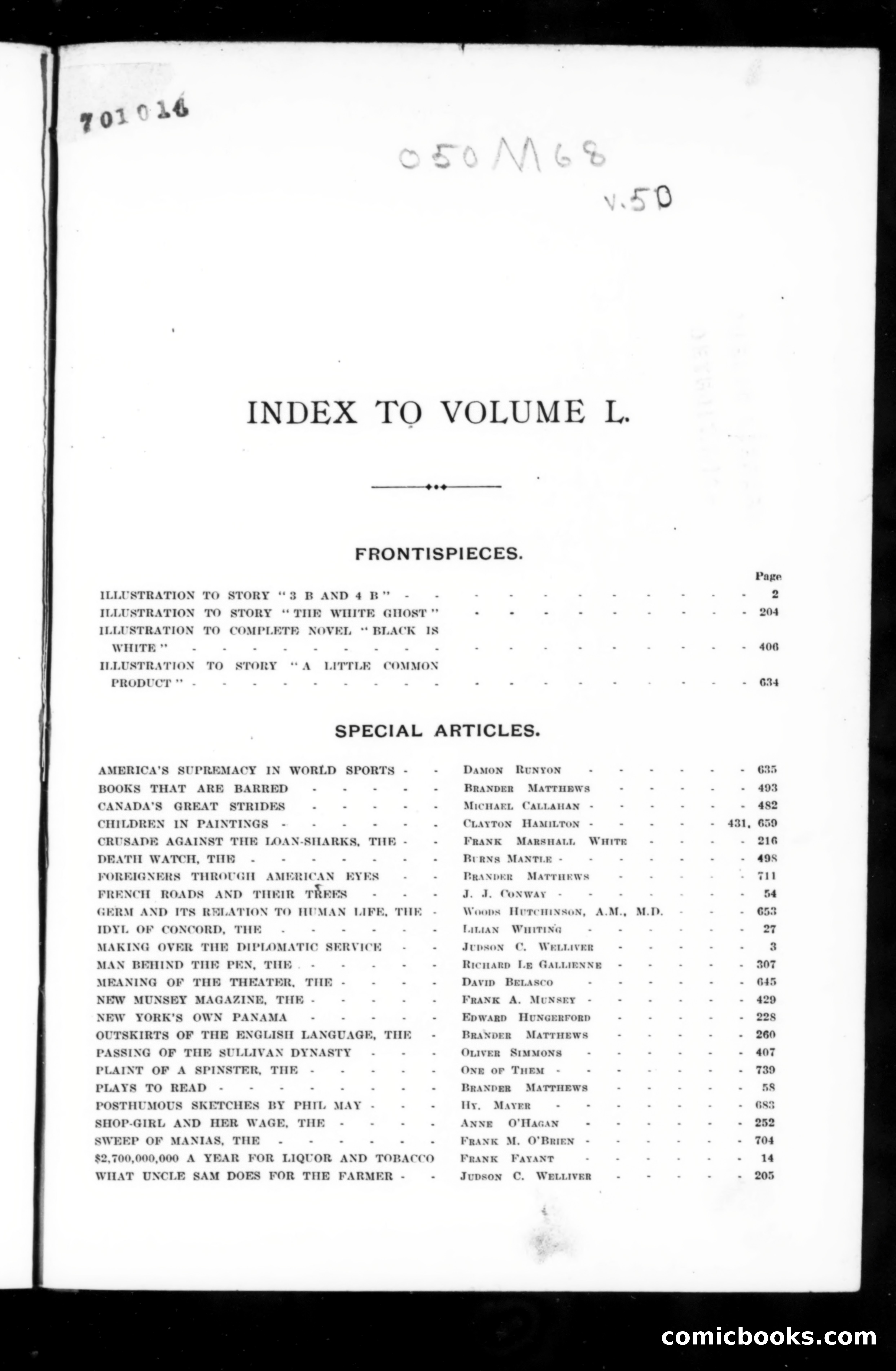 Munsey's Magazine, Vol. 50 Index — page 1 of 3