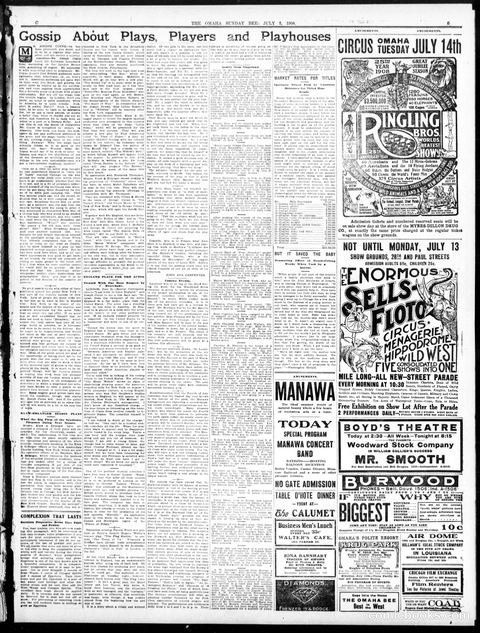Gossip About Plays, Players and Playhouses — Omaha Sunday Bee, July 5, 1908
