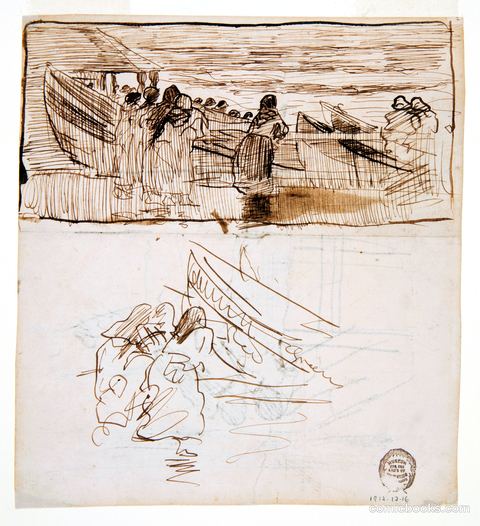 Two Studies of Women Standing behind Railing, Looking at the Launching of Dories, Cullercoats, England