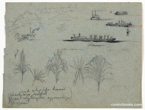 Sketches of Plants, a Steamer, and a Champan from the Río Magdalena, Colombia