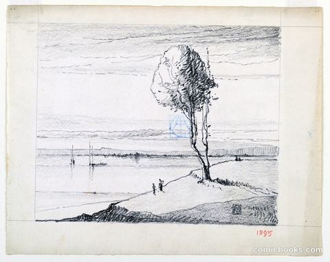 Hillside and Tree with Sailboats in Distance