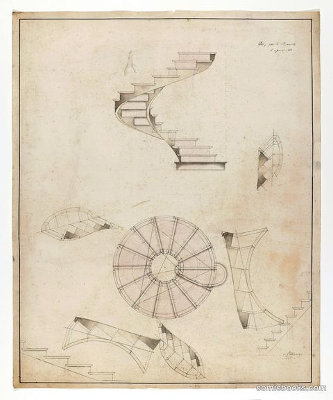 Perspective and Plan View of a Spiral Staircase that Turns to the Left