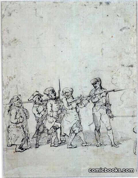 Caricature of Four Citizens at Weapons Drill with a Soldier