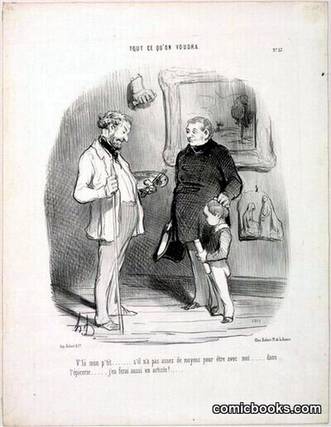 "V'la mon p'tit... s'il n'a pas assez de moyens pour être avec moi... dans l'épicerie... j'en ferai aussi un artiste!"