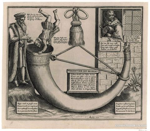 Verbeelding van het spreekwoord 'Bezint eer ge begint' (Illustration of the Proverb 'Think Before You Act')