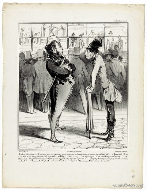 Robert-Macaire in conversation with Bertrand before a print shop window