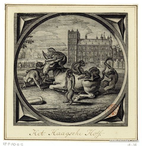 Ezel met apen voor het Binnenhof te Den Haag (Donkey with Apes Before the Binnenhof in The Hague)