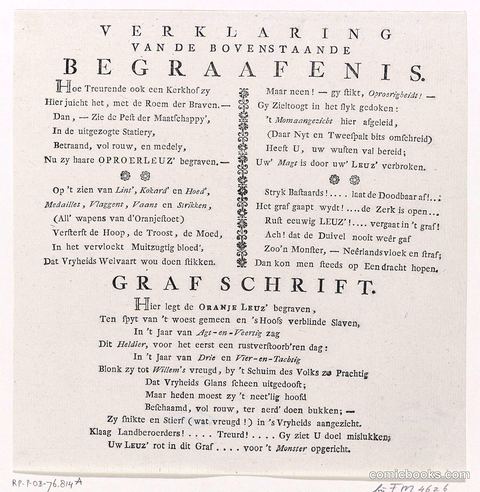 Verklaring van de prent: Begraafenis van de Oranje Leuz [Explanation of the Print: Funeral of the Orange Leuz]