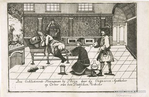 Den Geklisteerde Fransman bij Thejn, door de Ongeaeren Apothecker op Order van den Duitschen Medicus (The Plastered Frenchman at the Barber-Surgeon, by Order of the German Physician)
