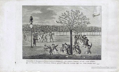 Spotprent op de pogingen de Oranjeboom omver te trekken