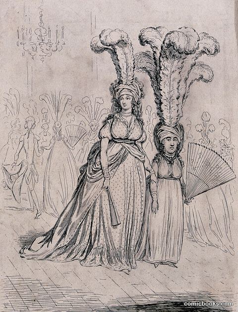 A tall woman wears short feathers in her headdress and a short woman wears tall feathers in hers