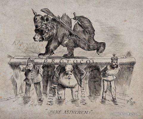 A Bear Dressed as a Soldier Supported by Six Men