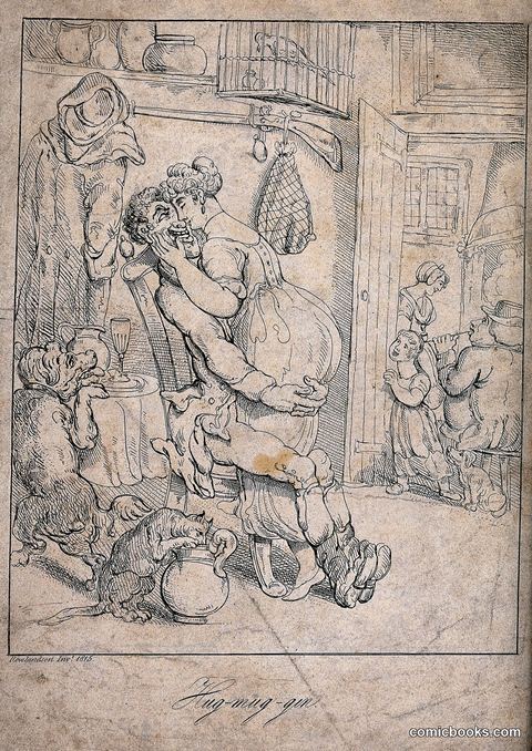 A Man and a Young Woman Embrace, Watched by a Young Girl and a Dog