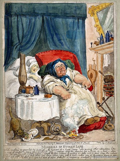 A convalescing woman trying in vain to rouse her slumbering hired nurse: the cat scavenges her food and the candle sets light to the carpet