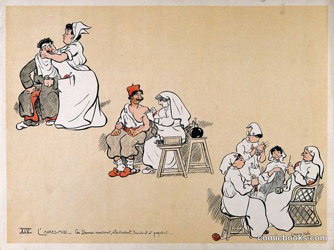 Comical Scenes of Nurses Engaged in Massaging and Electrifying Patients, and Knitting