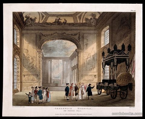 Royal Naval Hospital, Greenwich: Visitors in the Painted Hall, with Nelson's Catafalque