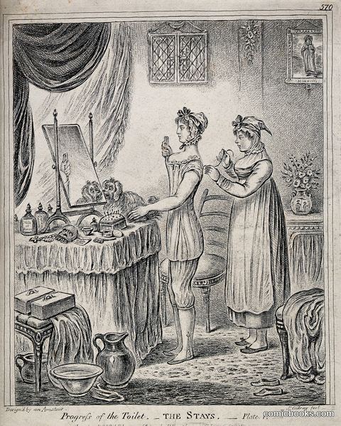 A Woman at Her Dressing Table Being Laced into Her Stays