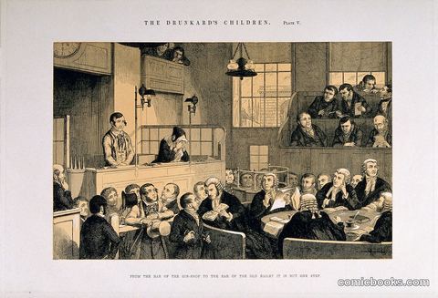The Drunkard's Children, Plate V: From the Bar of the Gin-Shop to the Bar of the Old Bailey