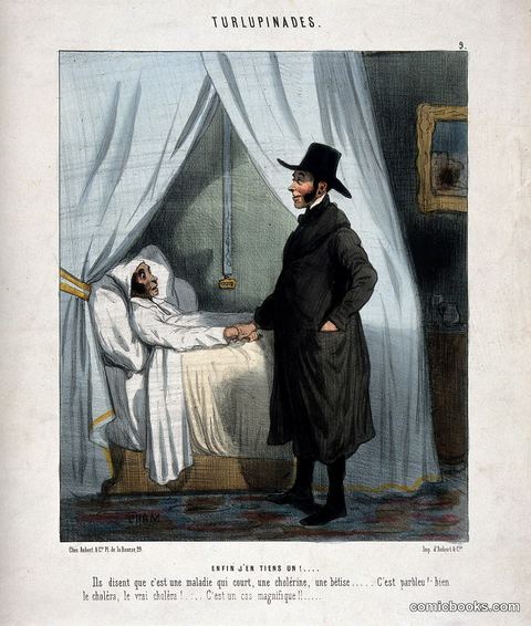 A doctor is delighted at confronting a full-blown case of cholera. Coloured lithograph by Cham, c. 1845.